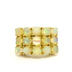 18k Yellow Gold Fiery Round Opal Three Row Wide Solid Band Ring