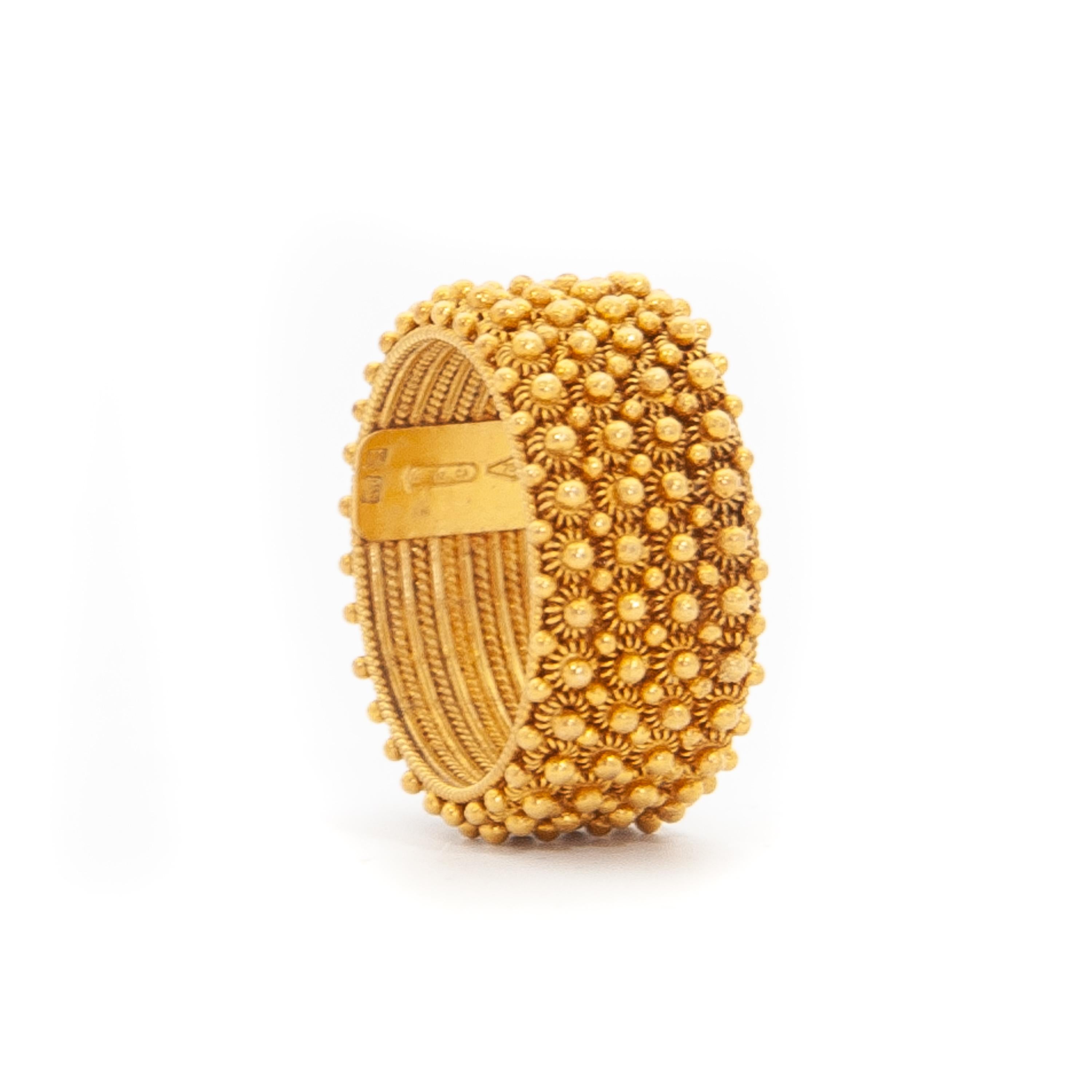 A beautiful Etruscan Revival handcrafted 18 karat gold cannetille band ring. The twisted threads and balls are soldered together into this gorgeous design. The knots symbolizes wheat, which is a symbol of abundance and prosperity. 

The ring is in