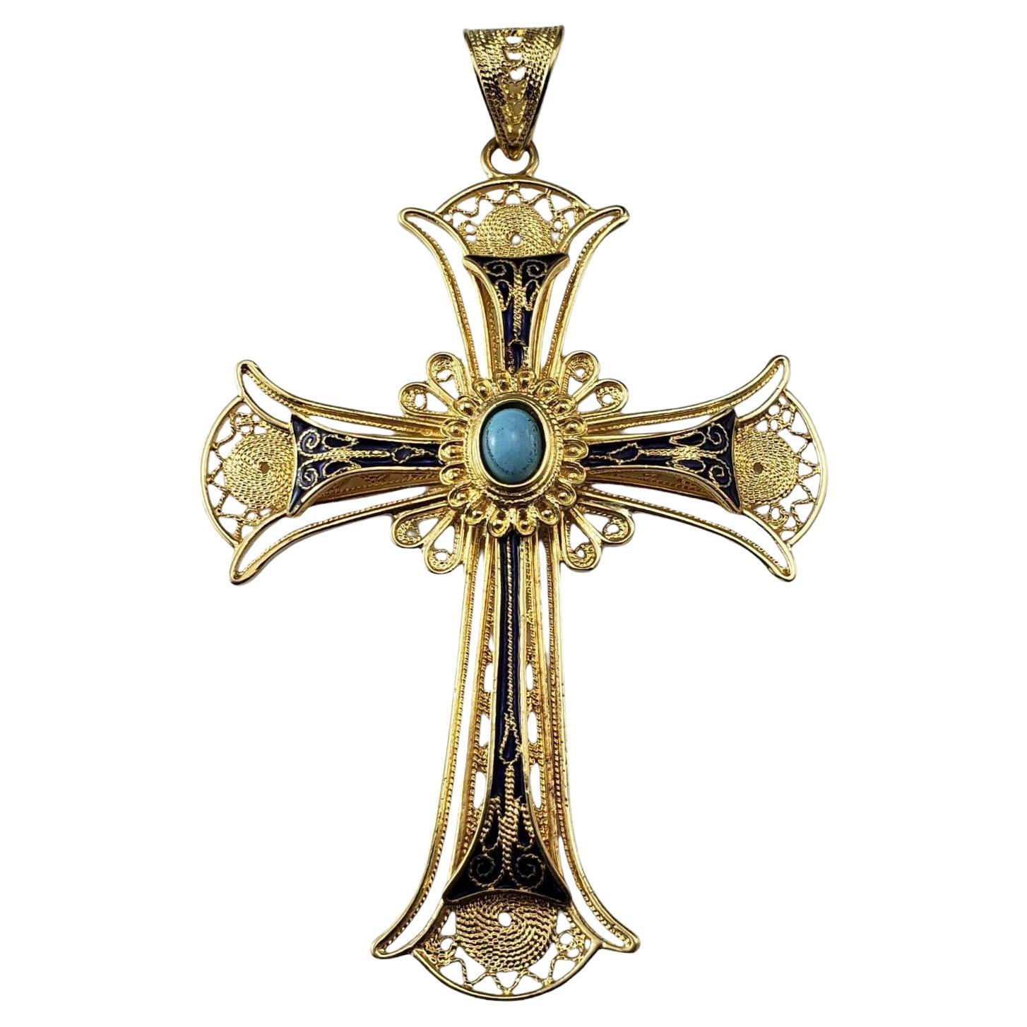 18K Yellow Gold Filigree Blue Enamel and Turquoise Cross Pendant #21123