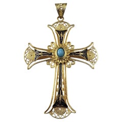 18K Yellow Gold Filigree Blue Enamel and Turquoise Cross Pendant #21123