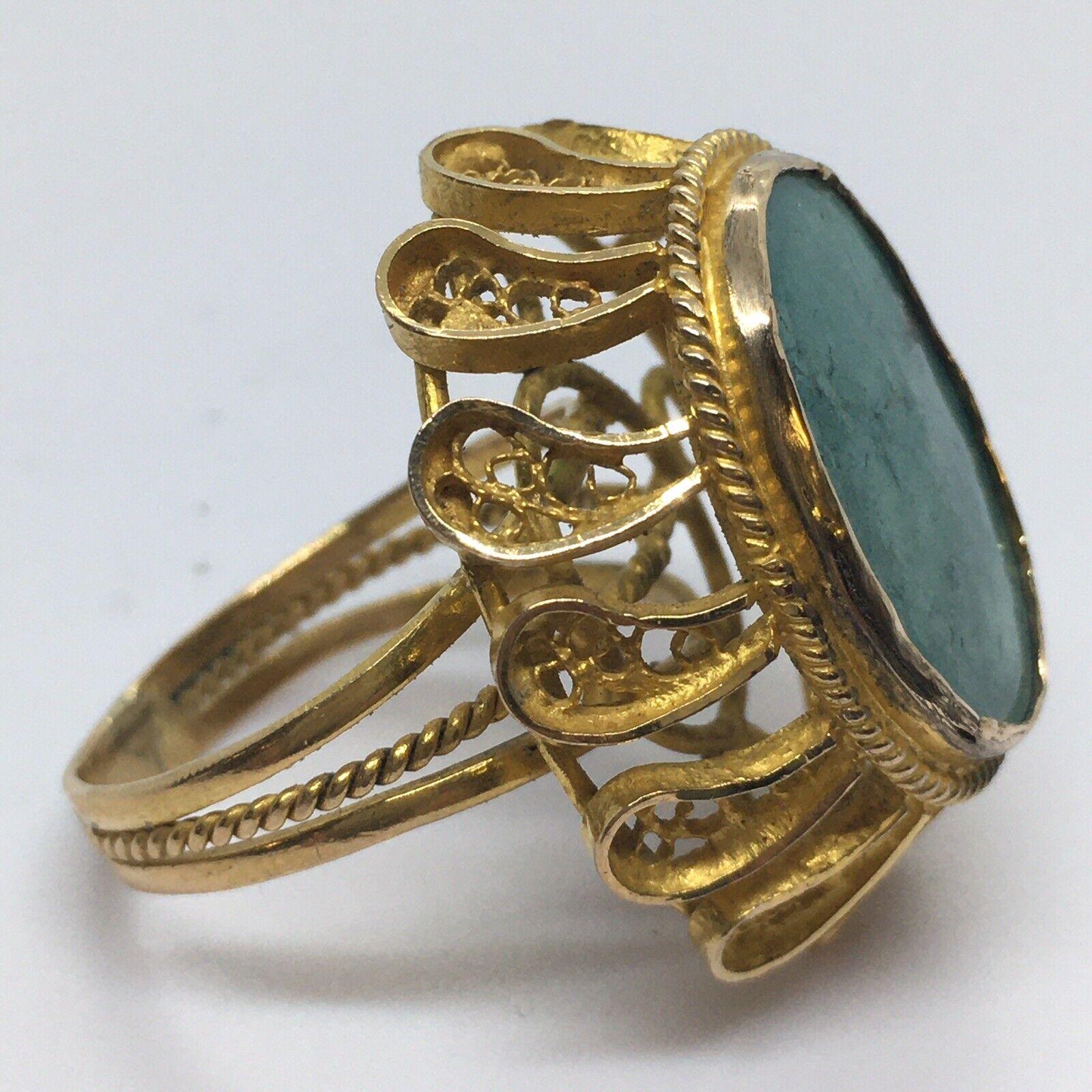 Cabochon 18k Yellow Gold Filigree Natural Turquoise Ring 30 mm Top 12.8 gram size 7 For Sale