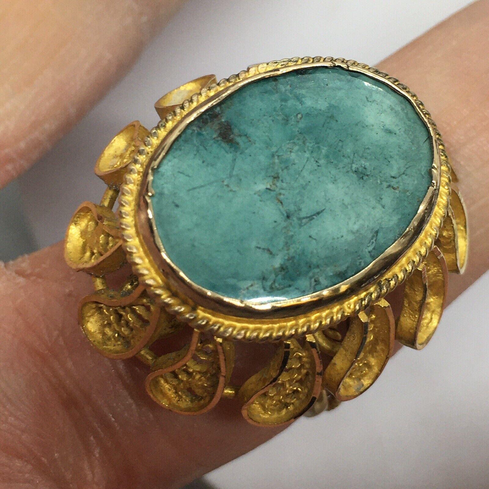 Women's 18k Yellow Gold Filigree Natural Turquoise Ring 30 mm Top 12.8 gram size 7 For Sale