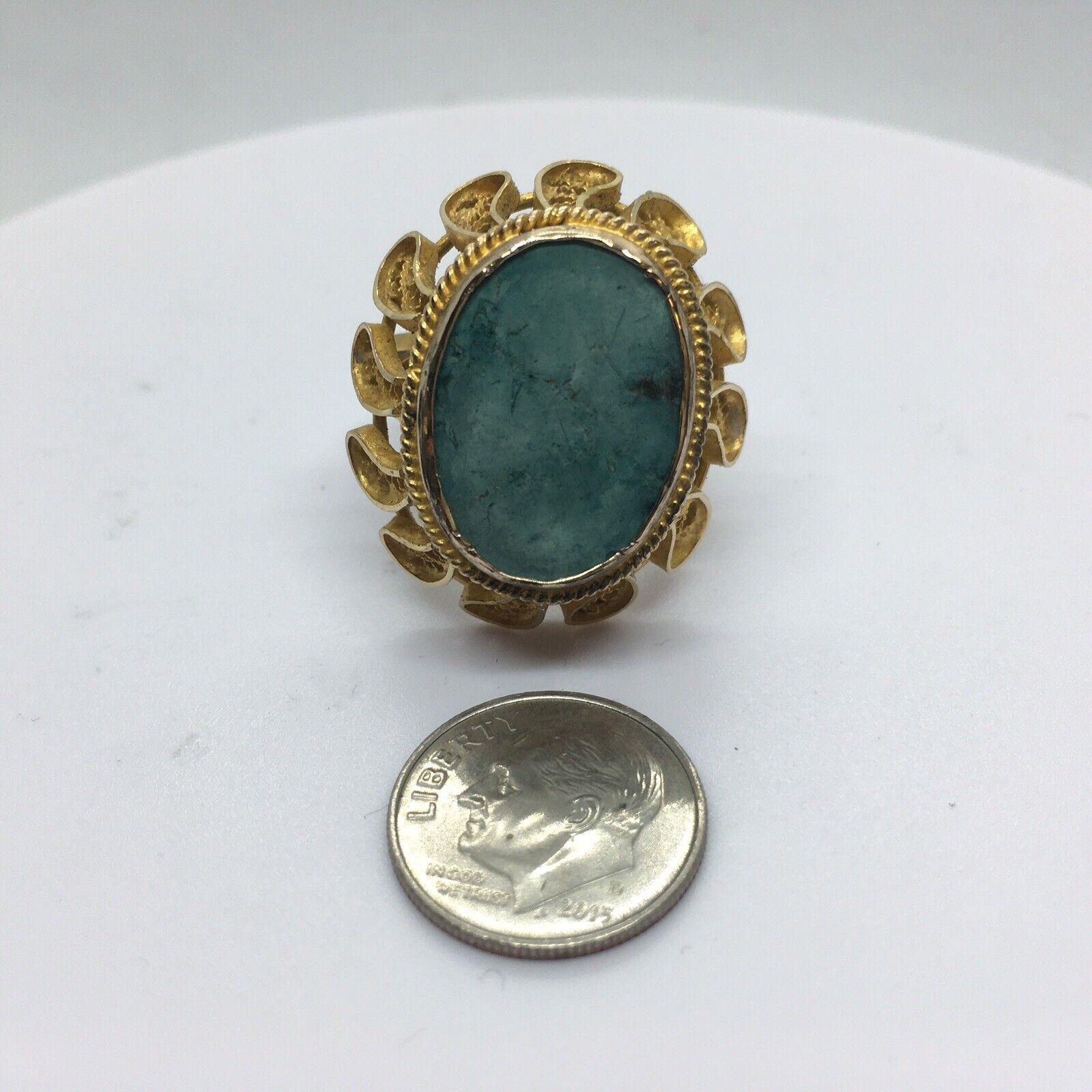 18k Yellow Gold Filigree Natural Turquoise Ring 30 mm Top 12.8 gram size 7 For Sale 1