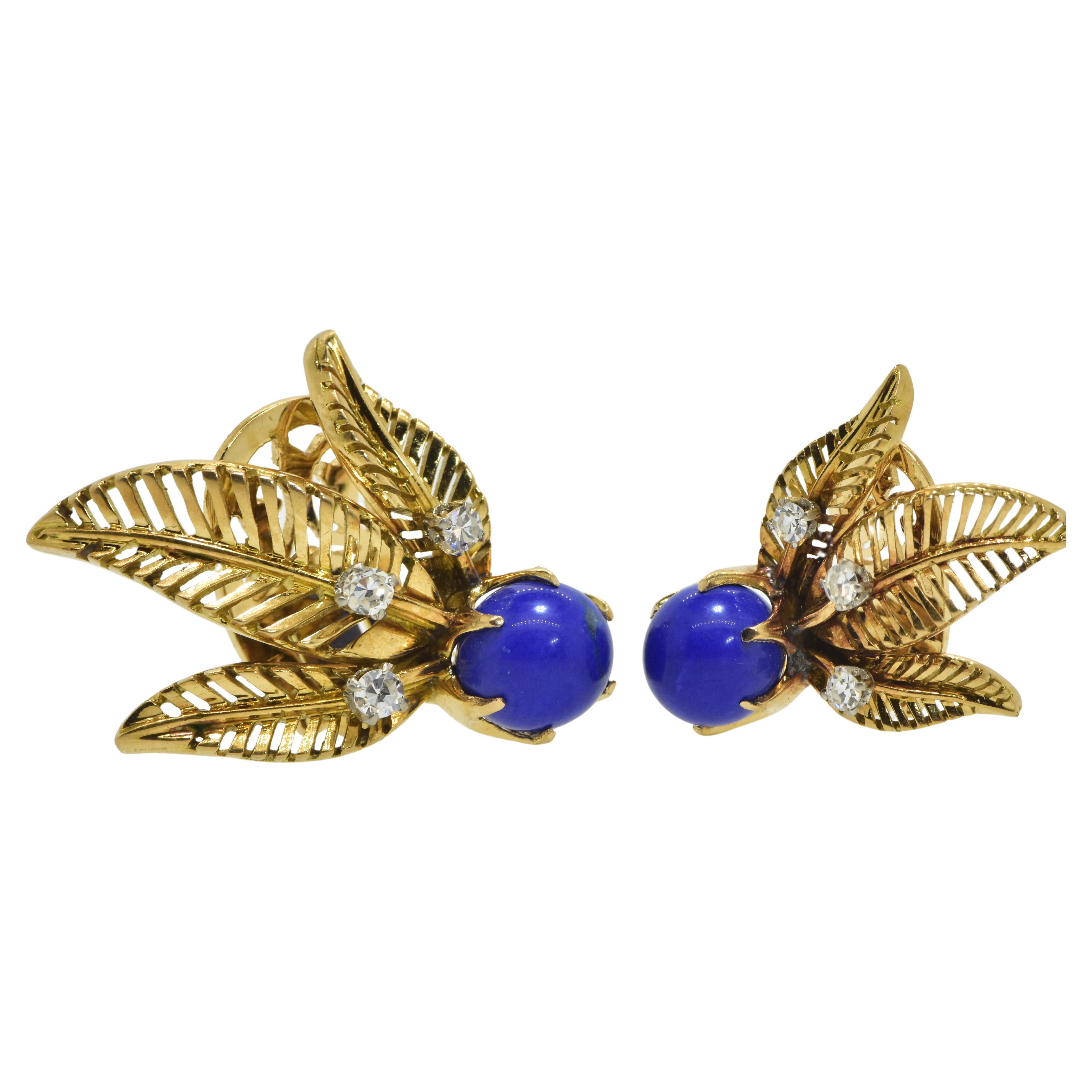  18K Yellow Gold, Fine Lapis Lazuli and White Diamond Earrings, c. 1950. In Excellent Condition For Sale In Aspen, CO