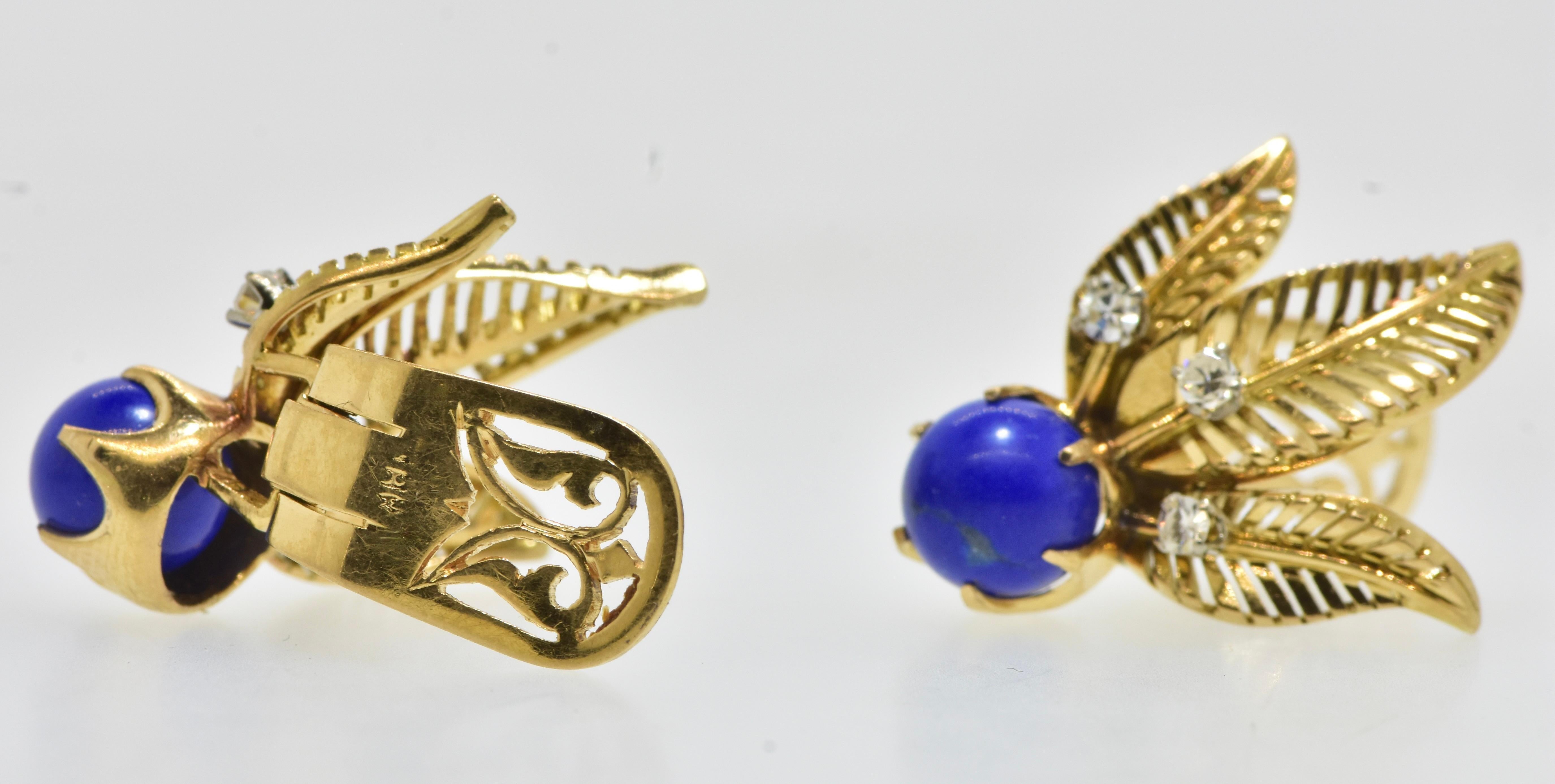  18K Yellow Gold, Fine Lapis Lazuli and White Diamond Earrings, c. 1950. For Sale 1