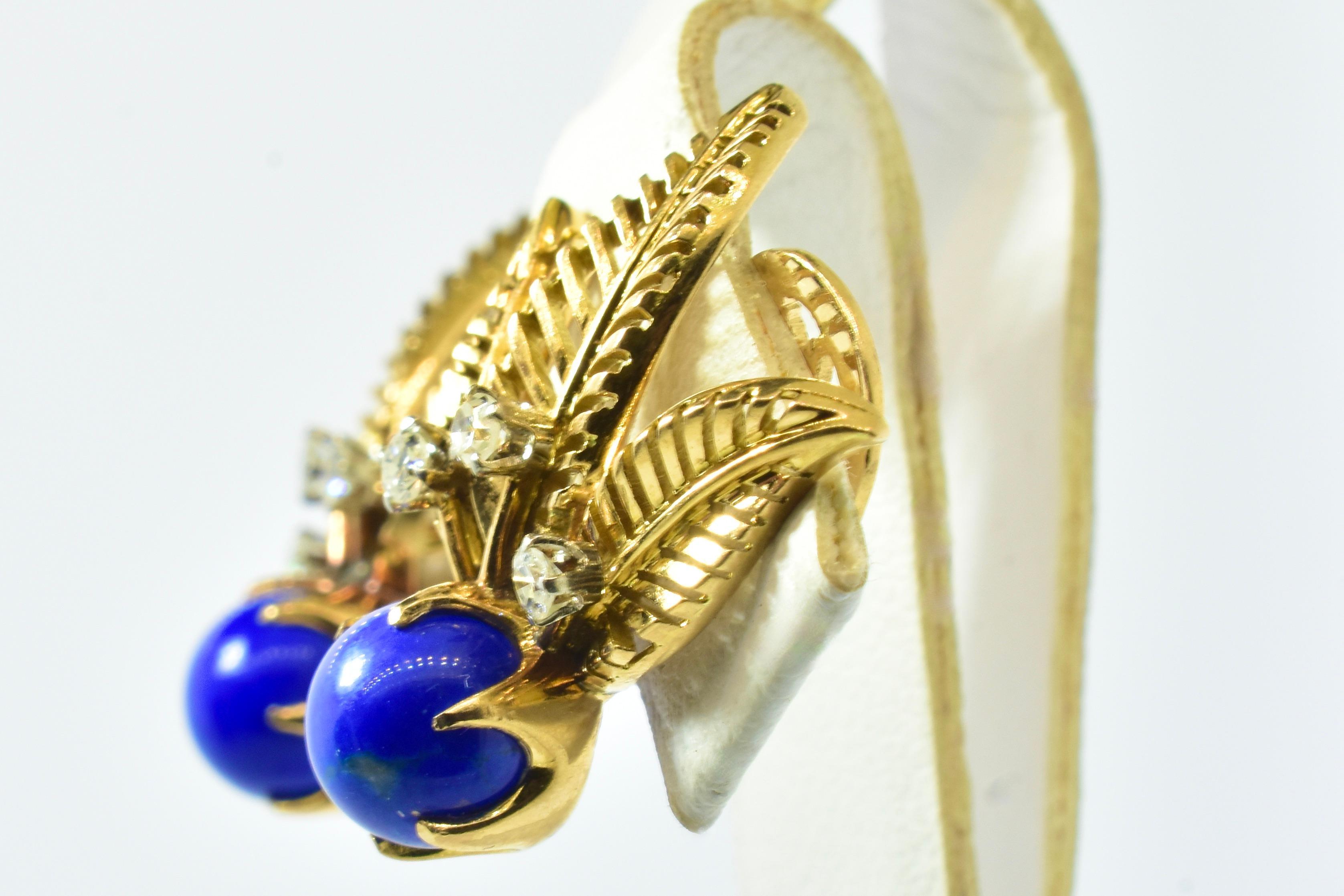  18K Yellow Gold, Fine Lapis Lazuli and White Diamond Earrings, c. 1950. For Sale 2