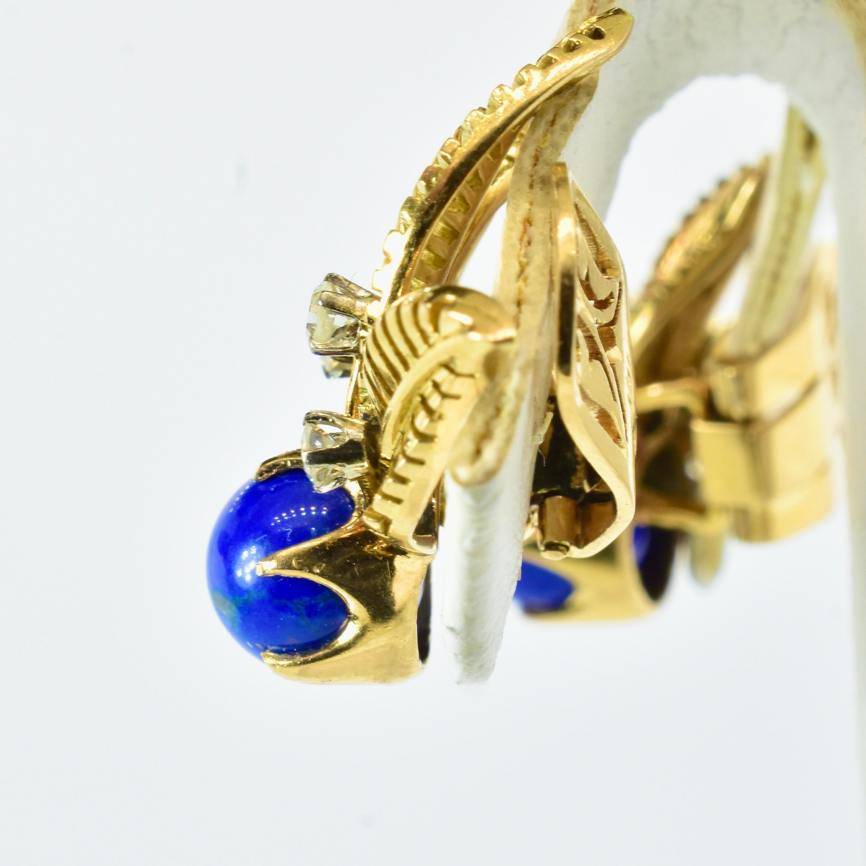  18K Yellow Gold, Fine Lapis Lazuli and White Diamond Earrings, c. 1950. For Sale 3