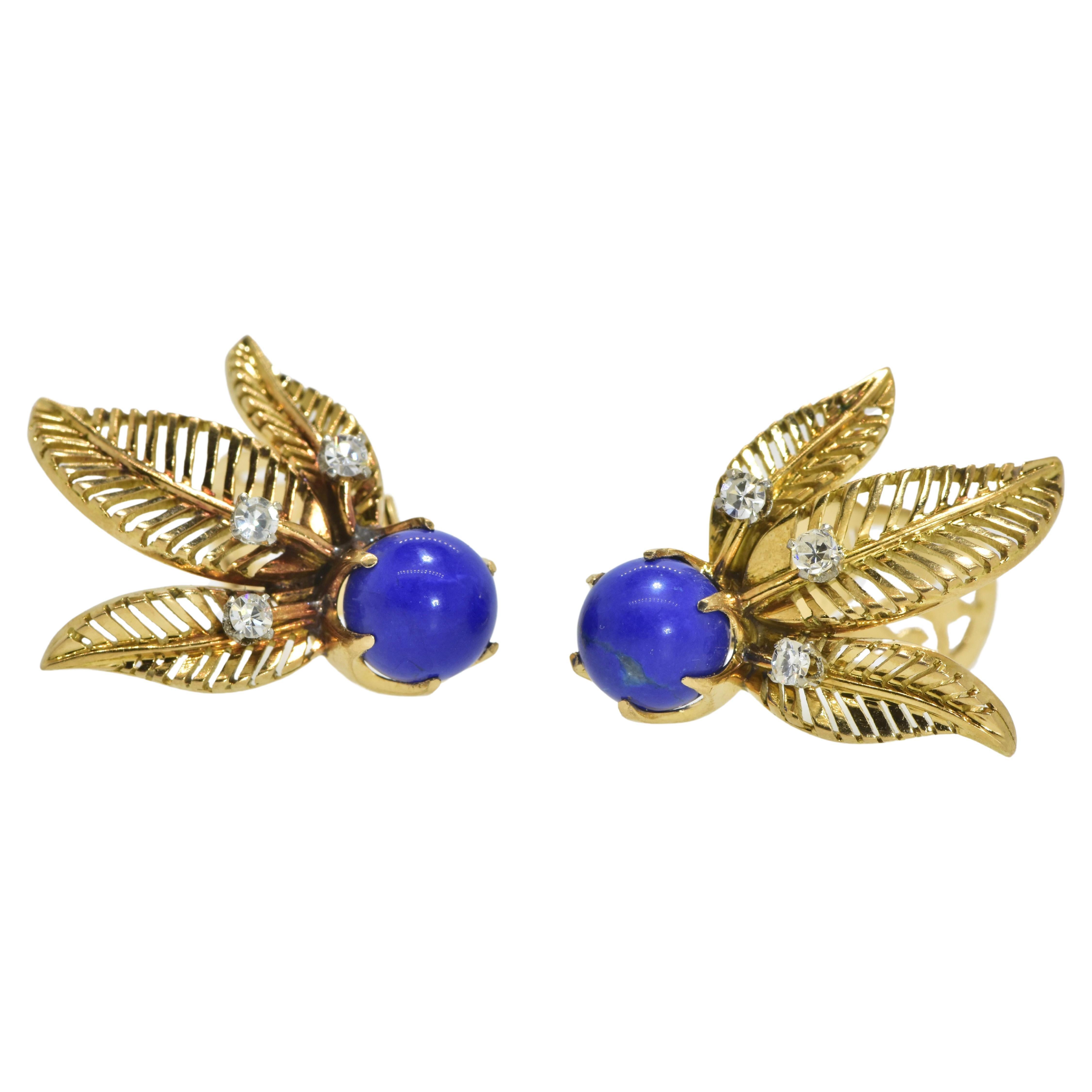  18K Yellow Gold, Fine Lapis Lazuli and White Diamond Earrings, c. 1950. For Sale