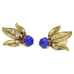  18K Yellow Gold, Fine Lapis Lazuli and White Diamond Earrings, c. 1950.