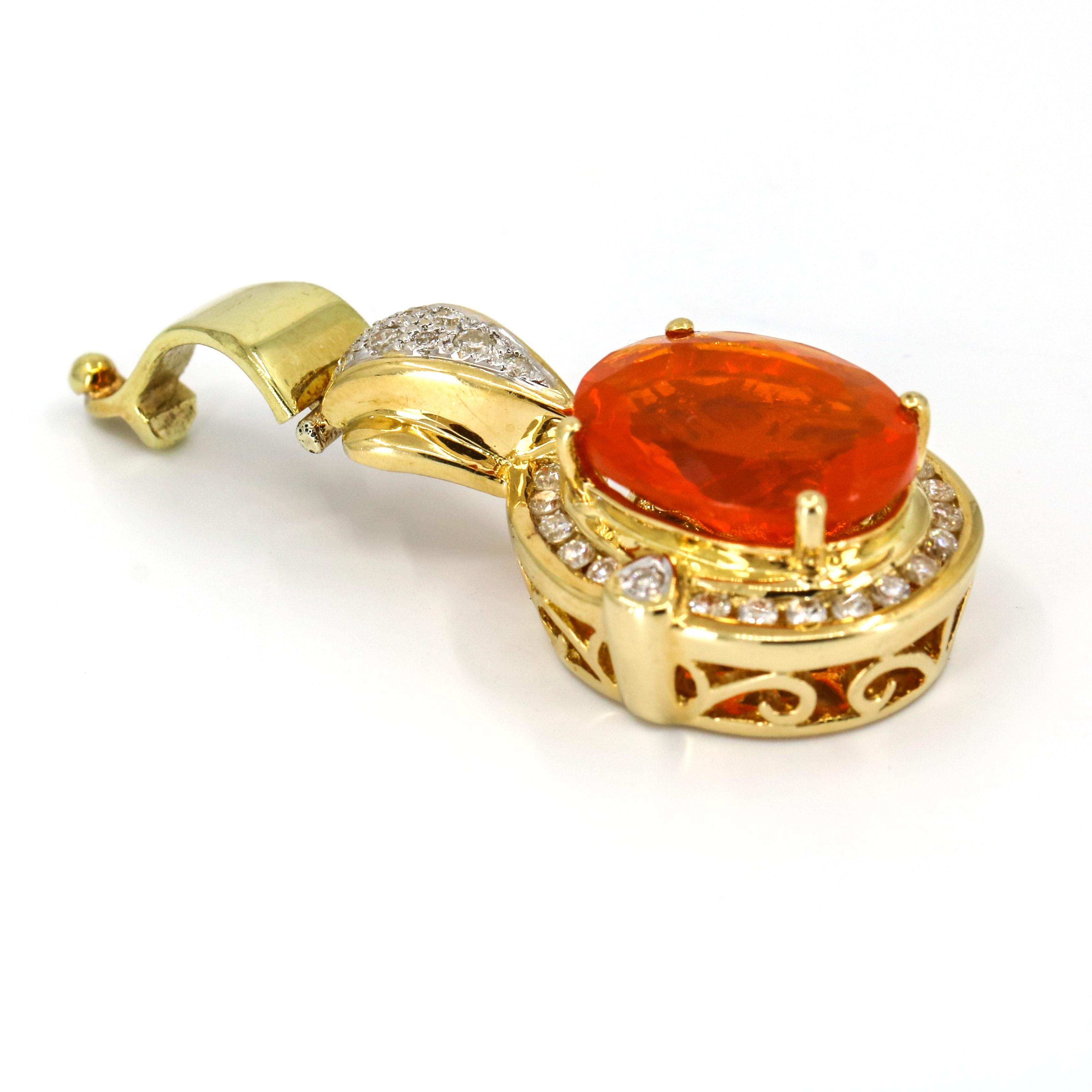 Oval Cut 18 Karat Yellow Gold Fire Opal Diamond Pendant Enhancer For Sale