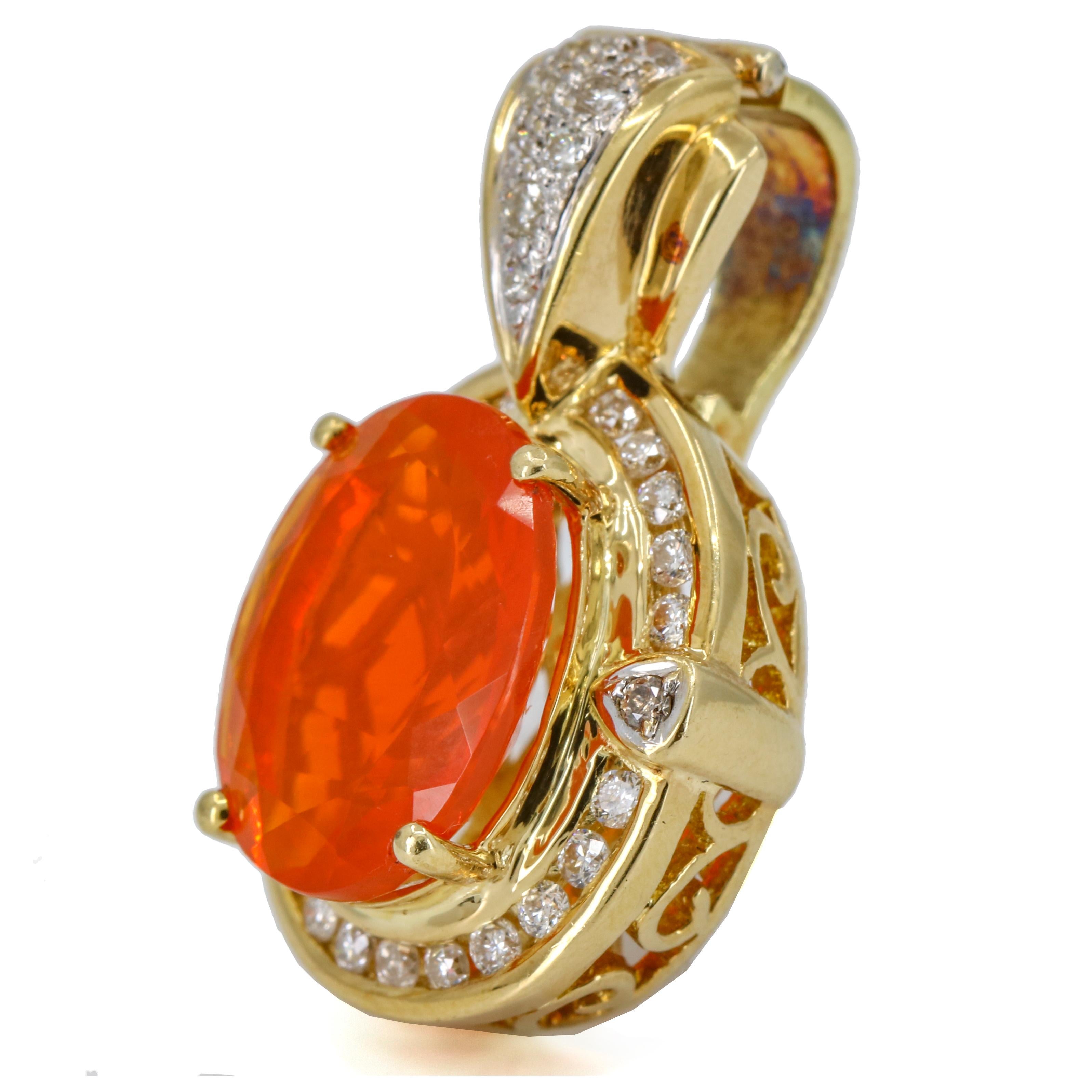 Women's 18 Karat Yellow Gold Fire Opal Diamond Pendant Enhancer For Sale