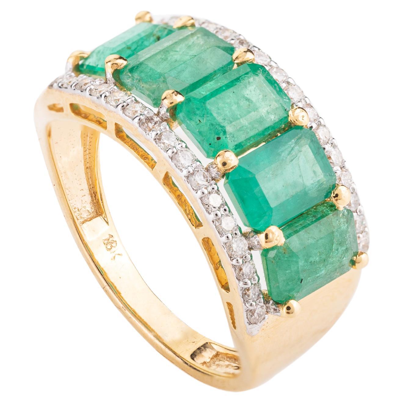 For Sale:  18k Yellow Gold Five Stone Emerald Diamond Engagement Band Ring for Women
