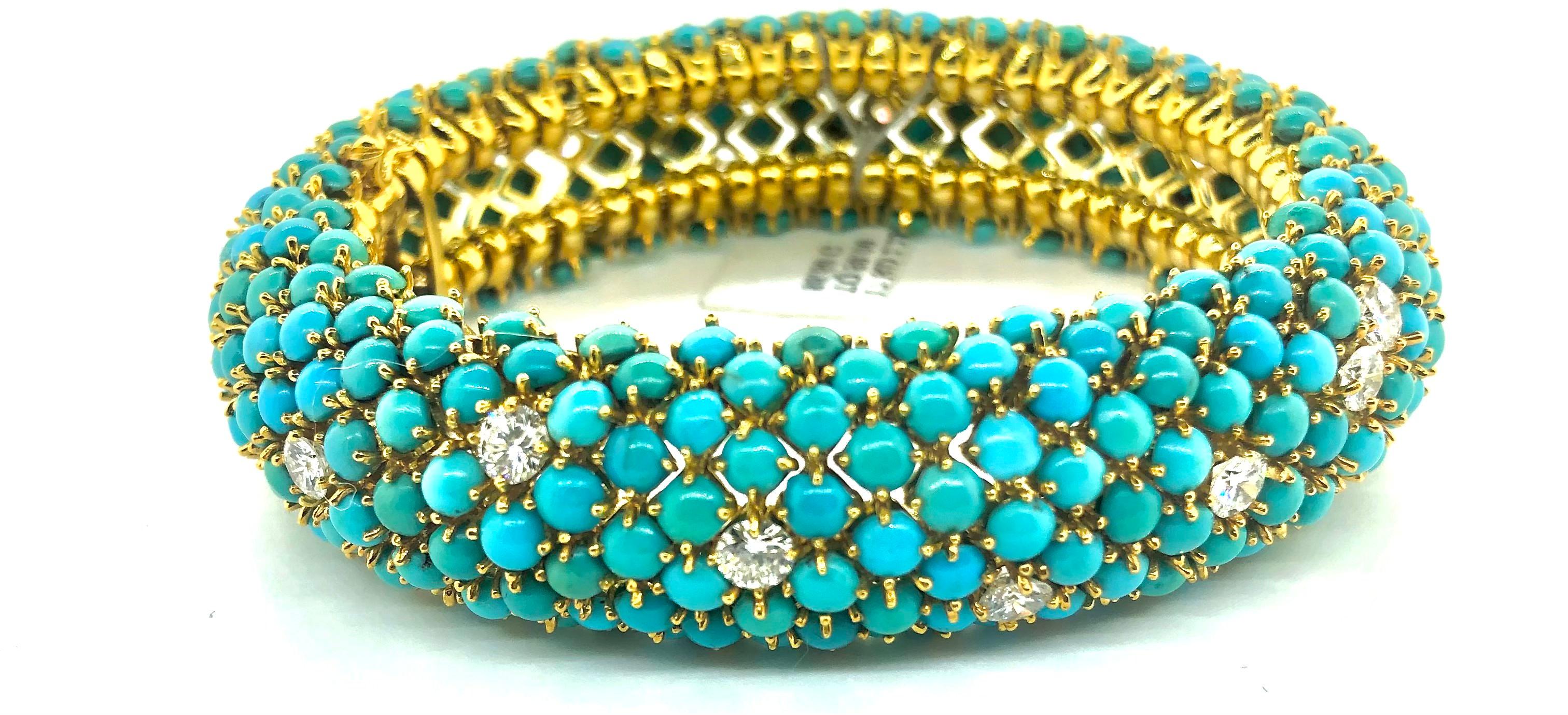Showcasing a beautiful all natural bangle with beautifully prong set turquoise stones and round diamonds. This is a staple piece in anyone's jewelry collection. It was carefully handmade in Los Angeles California and polished in 18k yellow gold. The