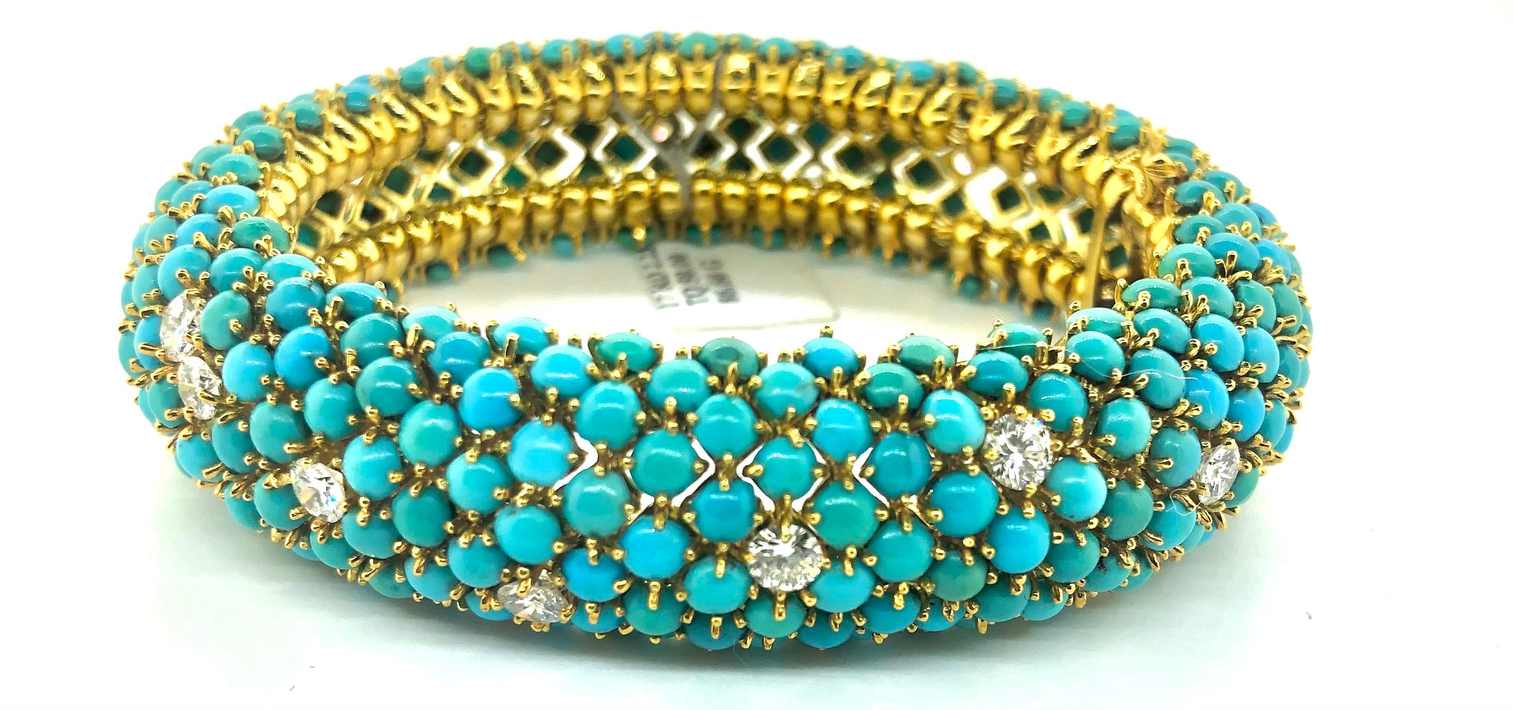 Mixed Cut 18k Yellow Gold Flexible Bangle with Turquoise & Round Diamonds