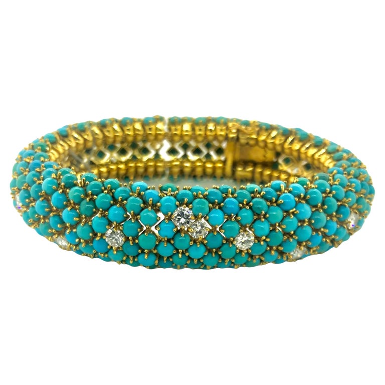 18k Yellow Gold Flexible Bangle with Turquoise and Round Diamonds For