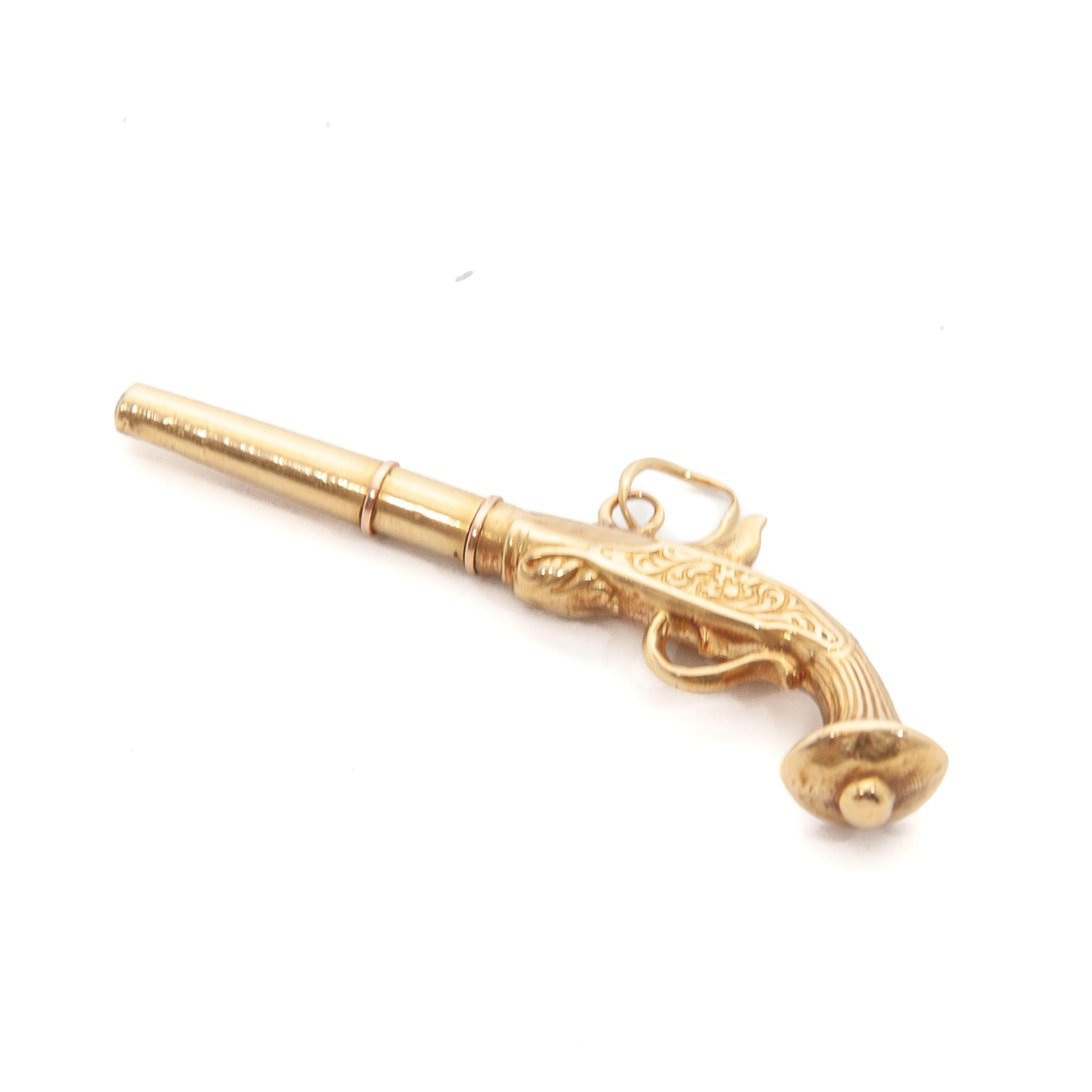 Victorian Antique Gold Flintlock Revolver Pocket Watch Key Pendant For Sale