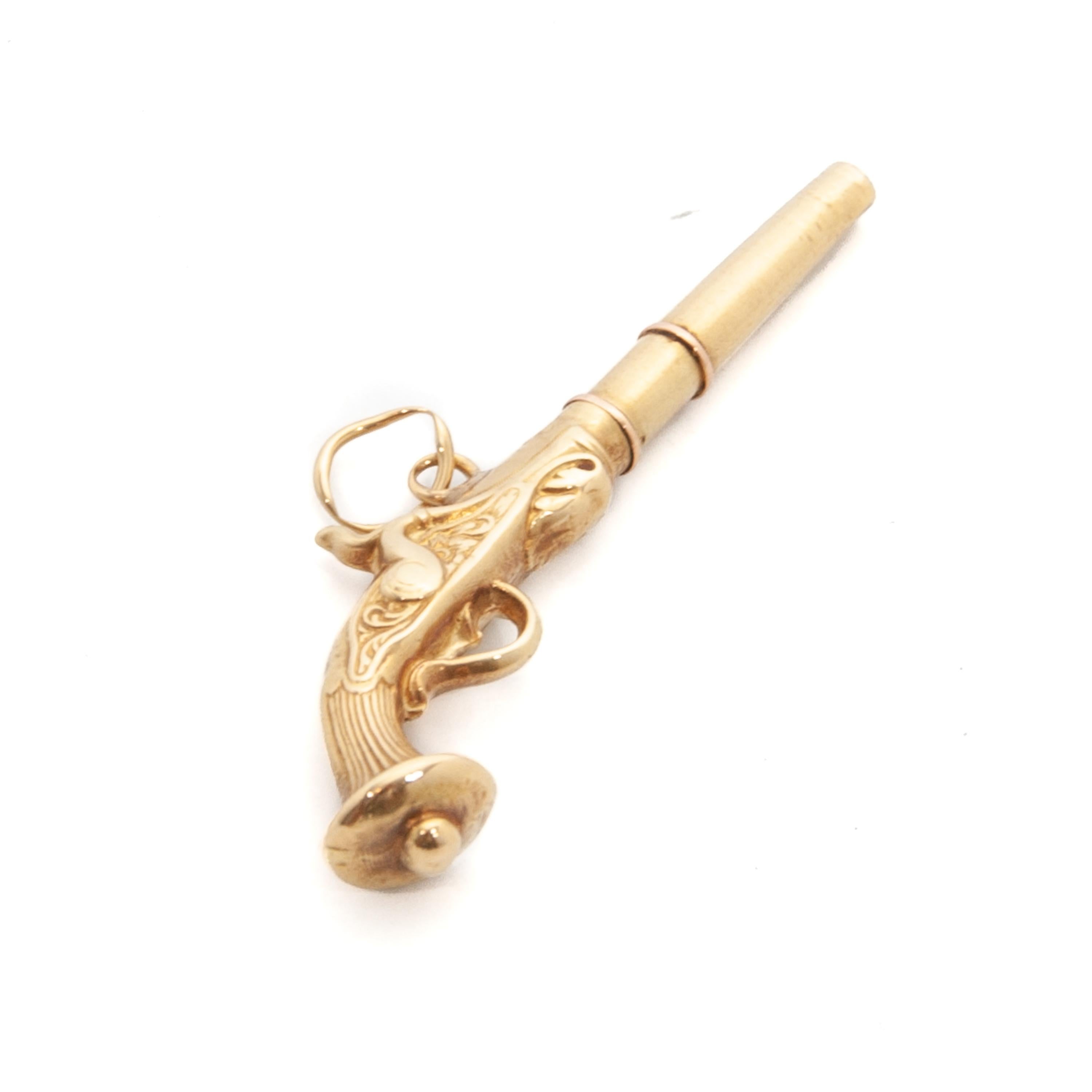 Women's or Men's Antique Gold Flintlock Revolver Pocket Watch Key Pendant For Sale