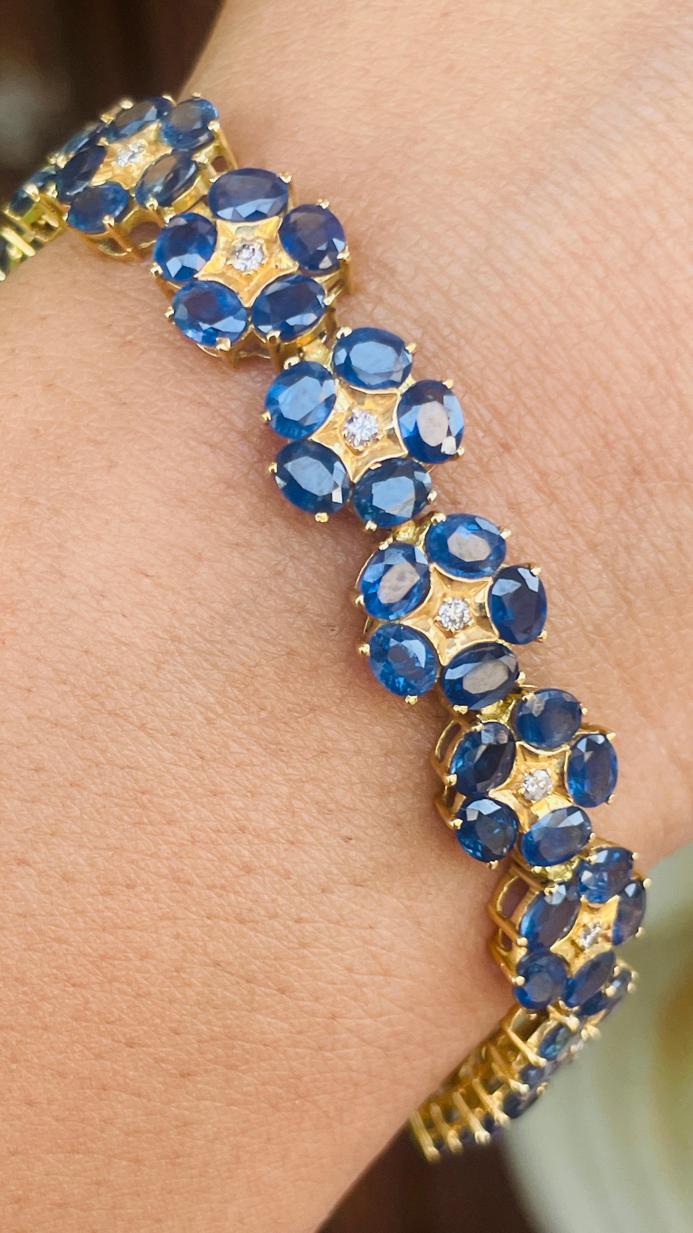 18K Yellow Gold Floral Blue Sapphire Diamond Bracelet For Sale 4