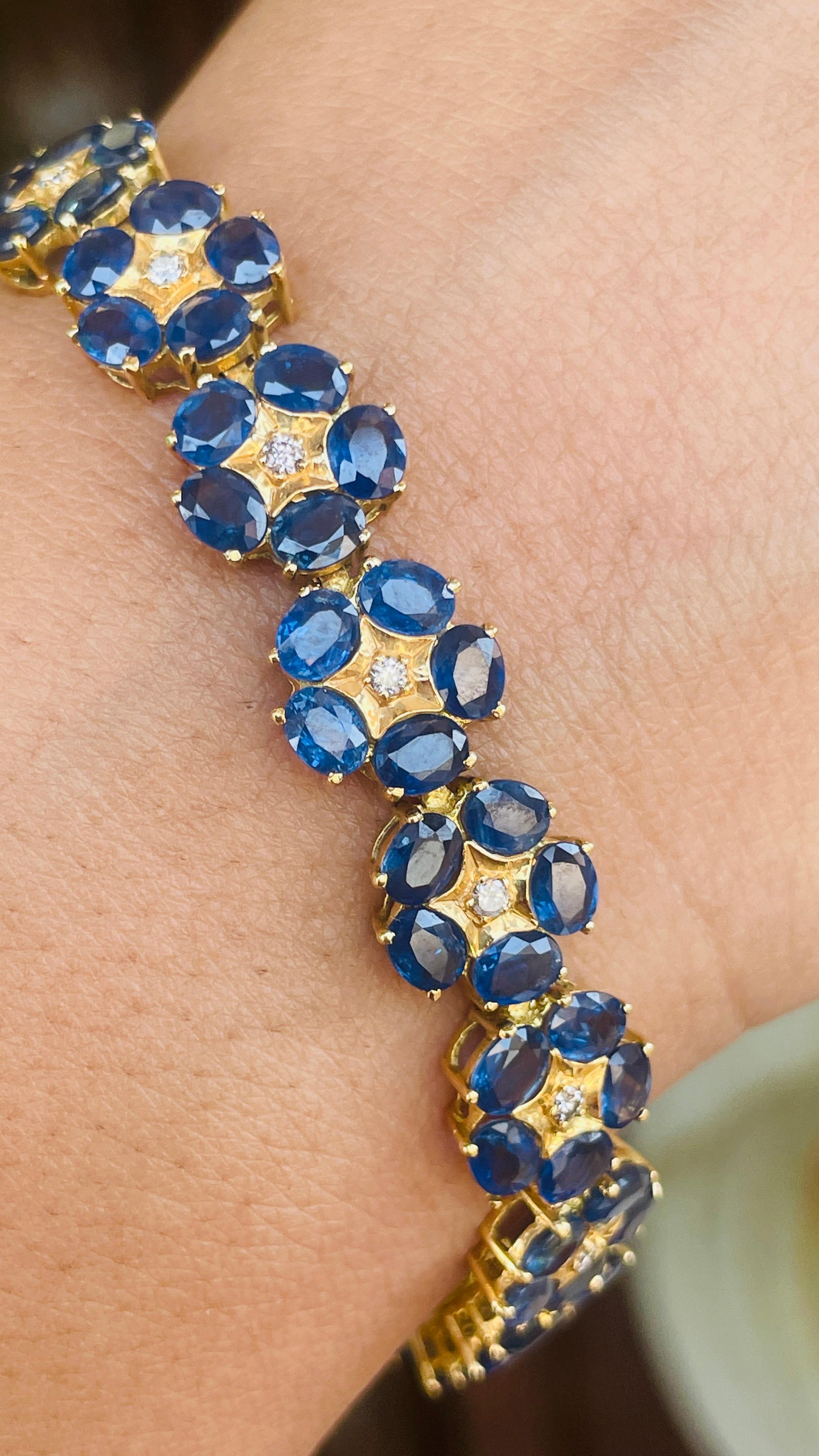 18K Yellow Gold Floral Blue Sapphire Diamond Bracelet For Sale 5