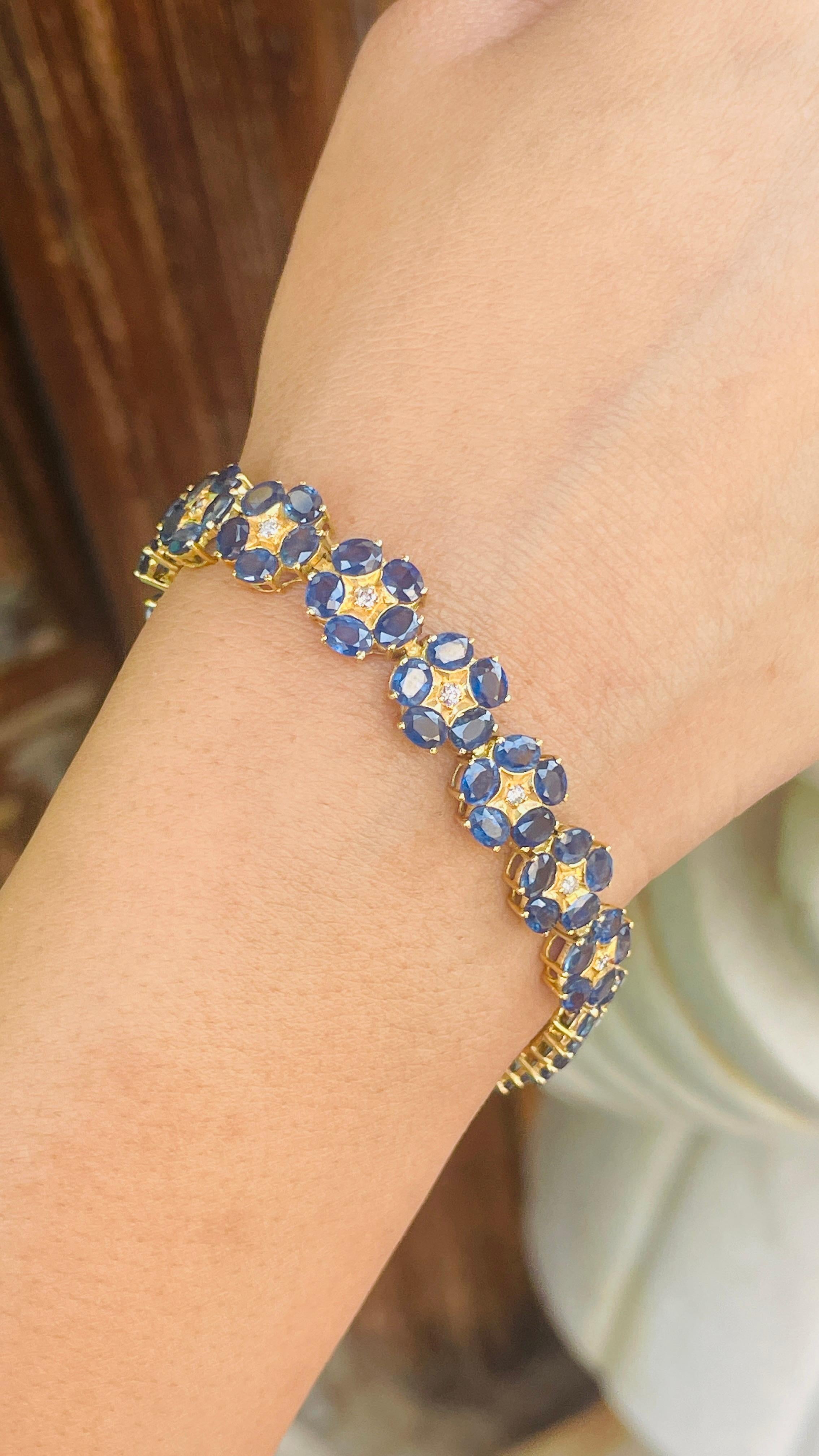 18K Yellow Gold Floral Blue Sapphire Diamond Bracelet For Sale 6