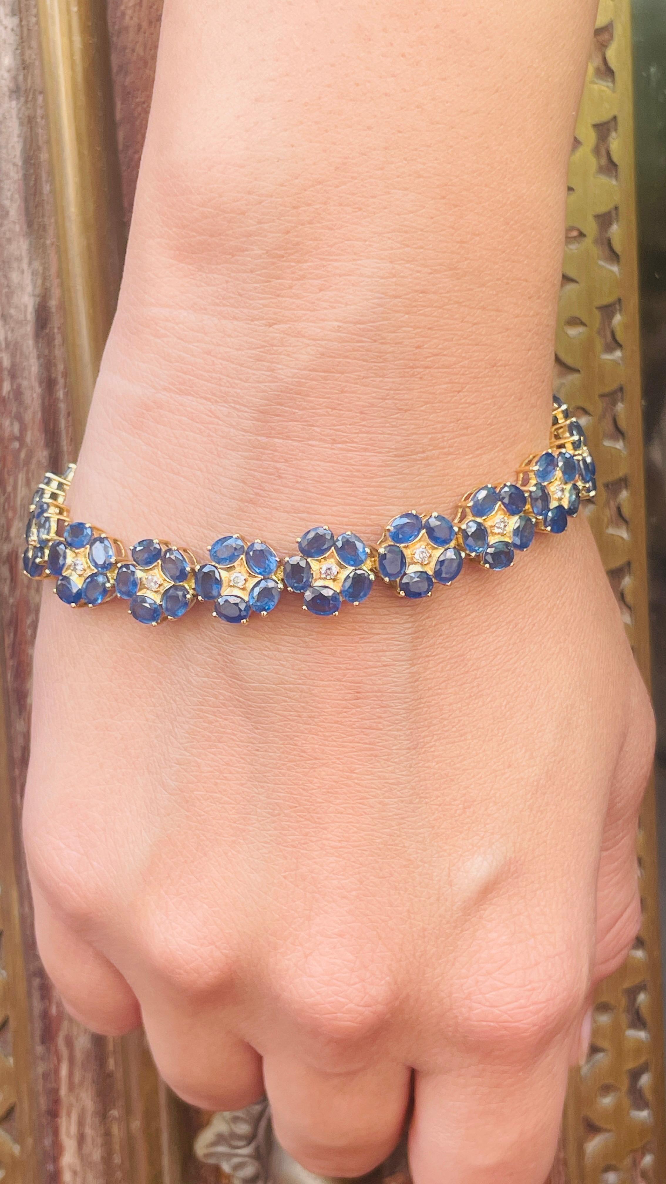 18K Yellow Gold Floral Blue Sapphire Diamond Bracelet For Sale 7