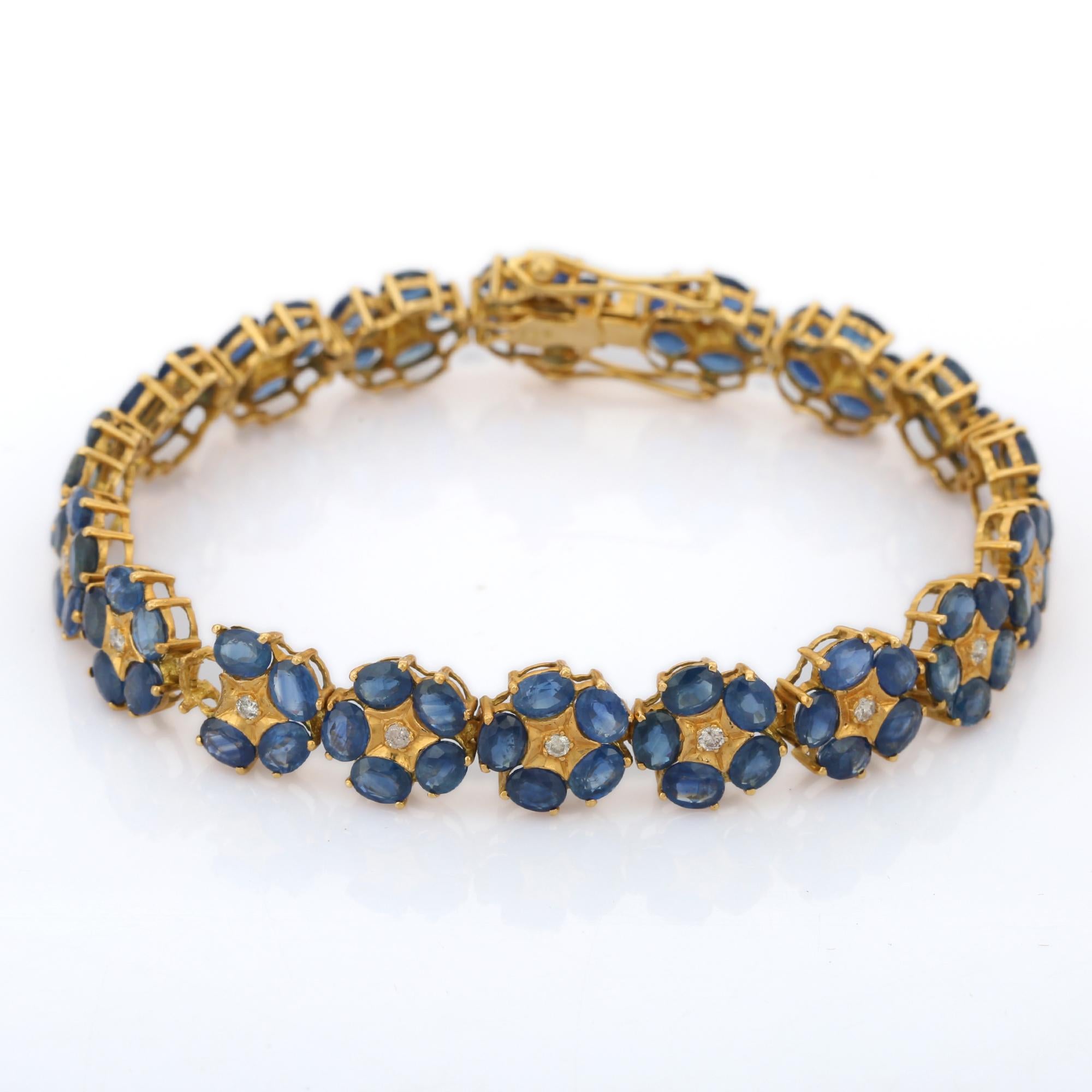 18K Yellow Gold Floral Blue Sapphire Diamond Bracelet For Sale 1