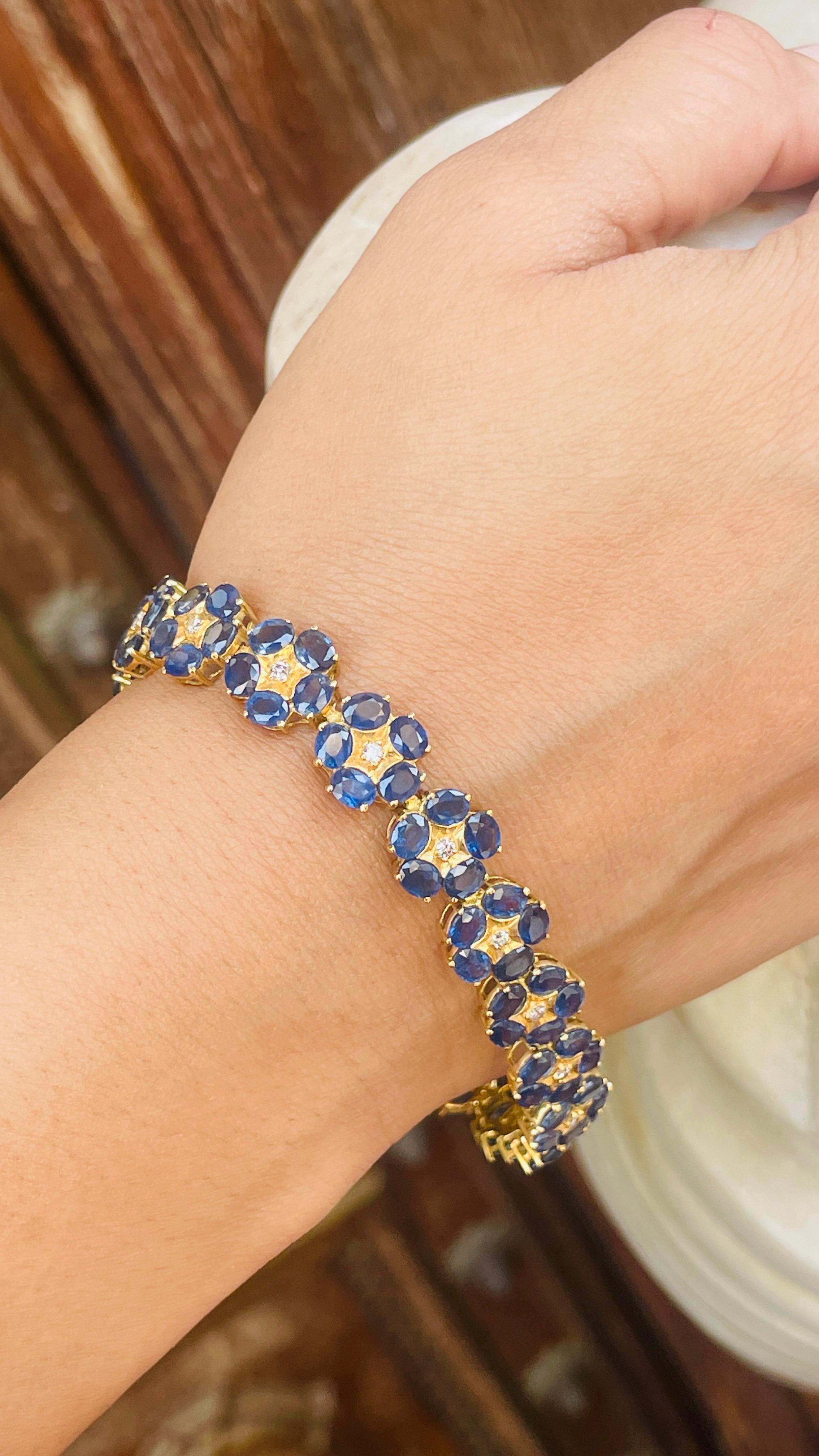 18K Yellow Gold Floral Blue Sapphire Diamond Bracelet For Sale 2