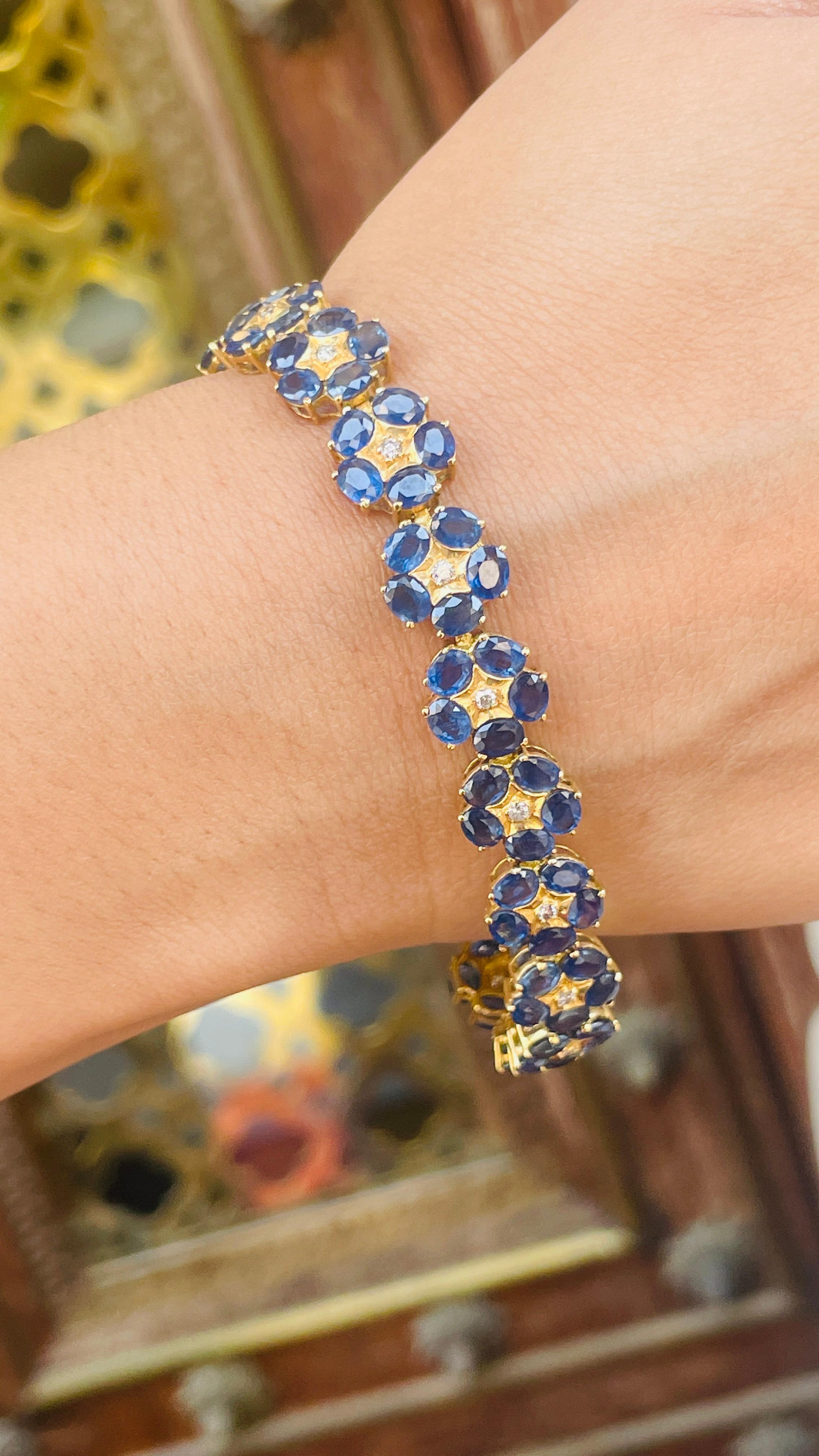 18K Yellow Gold Floral Blue Sapphire Diamond Bracelet For Sale 3