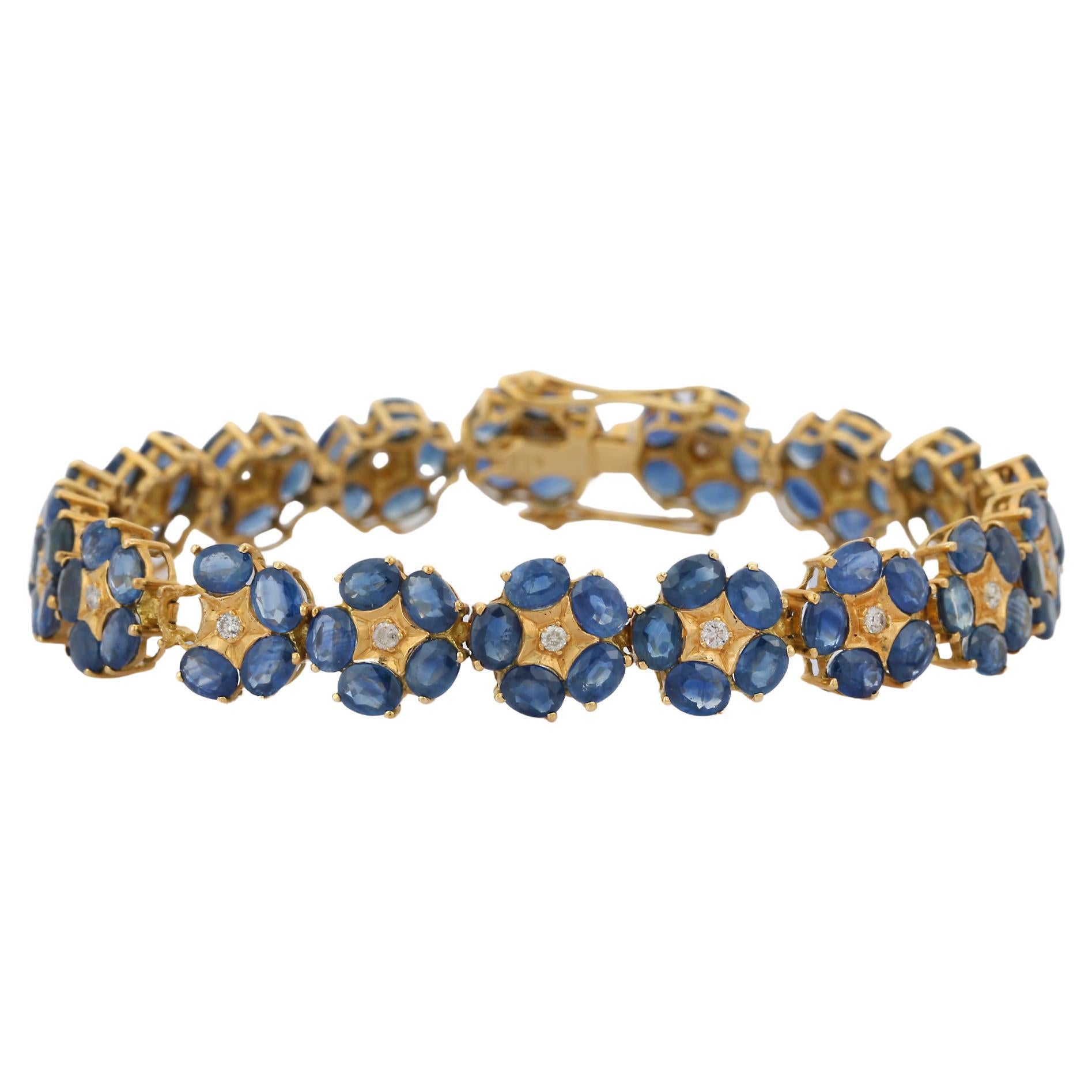 18K Yellow Gold Floral Blue Sapphire Diamond Bracelet For Sale