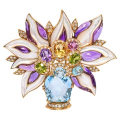 18k Yellow Gold Floral Bouquet in Vase Multi Gem Brooch