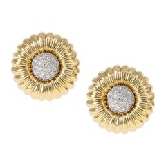 18k Yellow Gold Floral Circular Clip-On Earrings with Diamonds