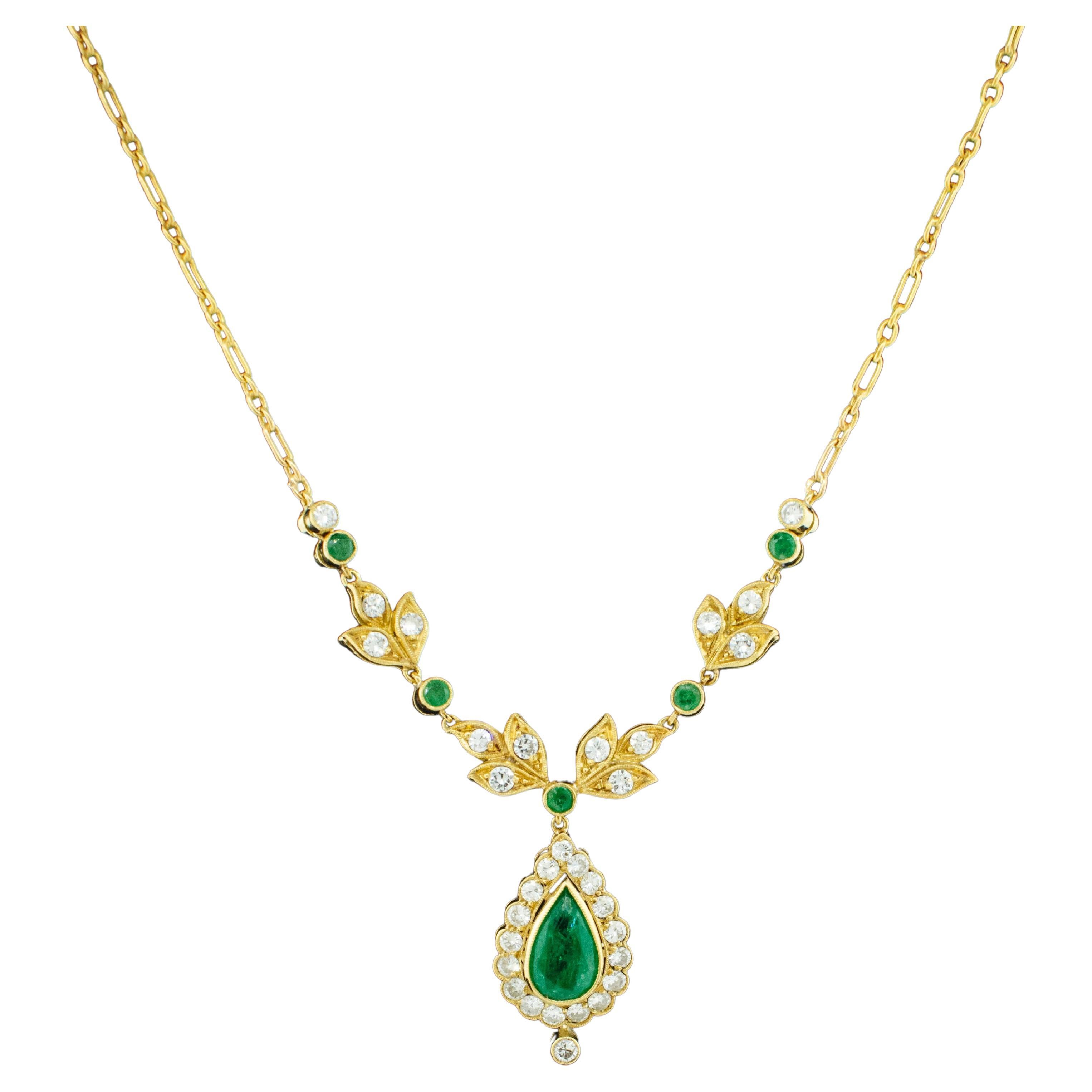 18k Yellow Gold Floral Necklace with Diamonds and Emeralds