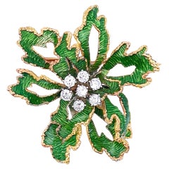 18K Yellow Gold Floral Pin with Green Enamel and Round Diamonds 0.85 Carats