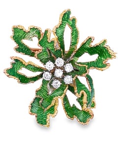 18K Yellow Gold Floral Pin with Green Enamel and Round Diamonds 0.85 Carats