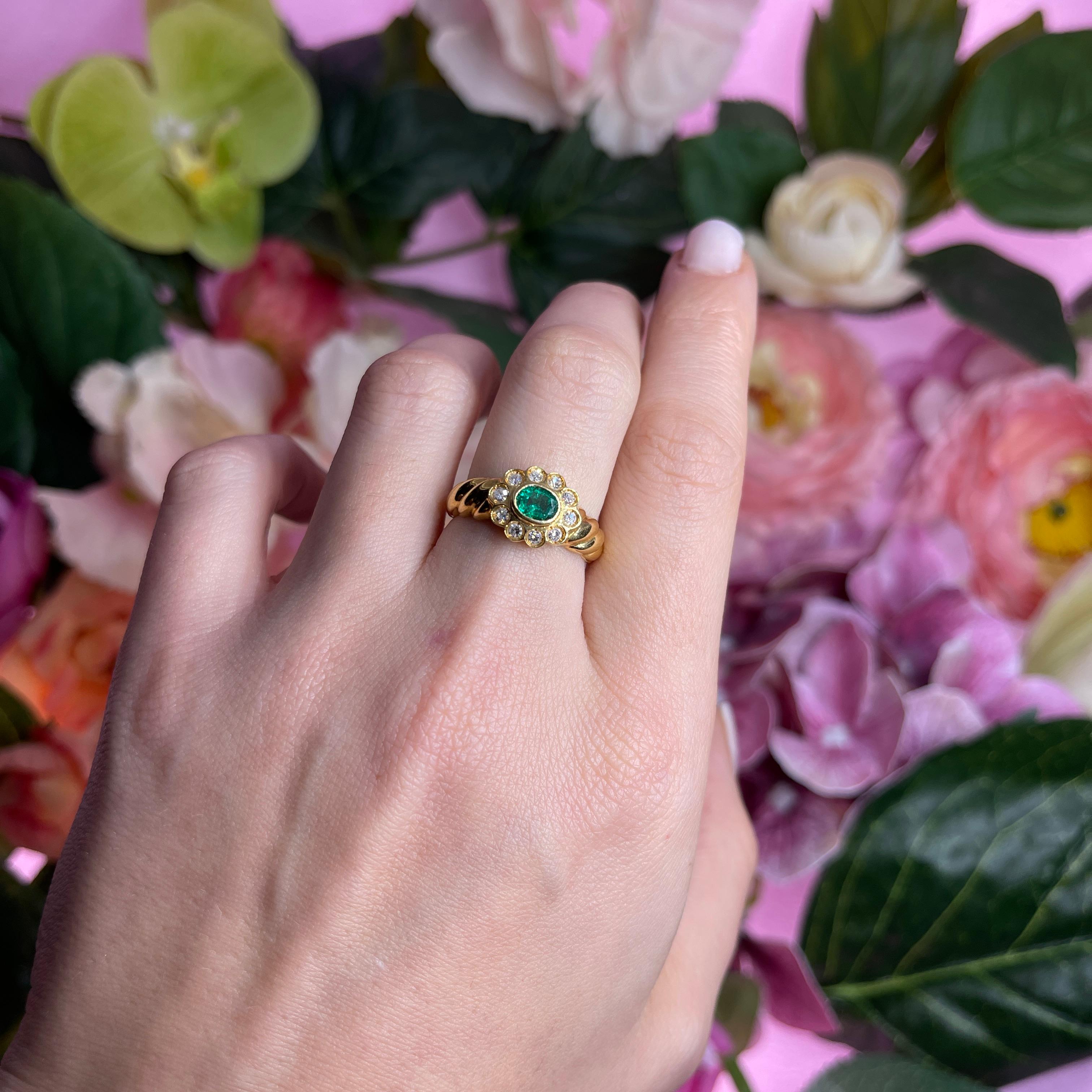 18k Yellow Gold Floral Ring with Oval Emerald and Diamond Halo For Sale 2