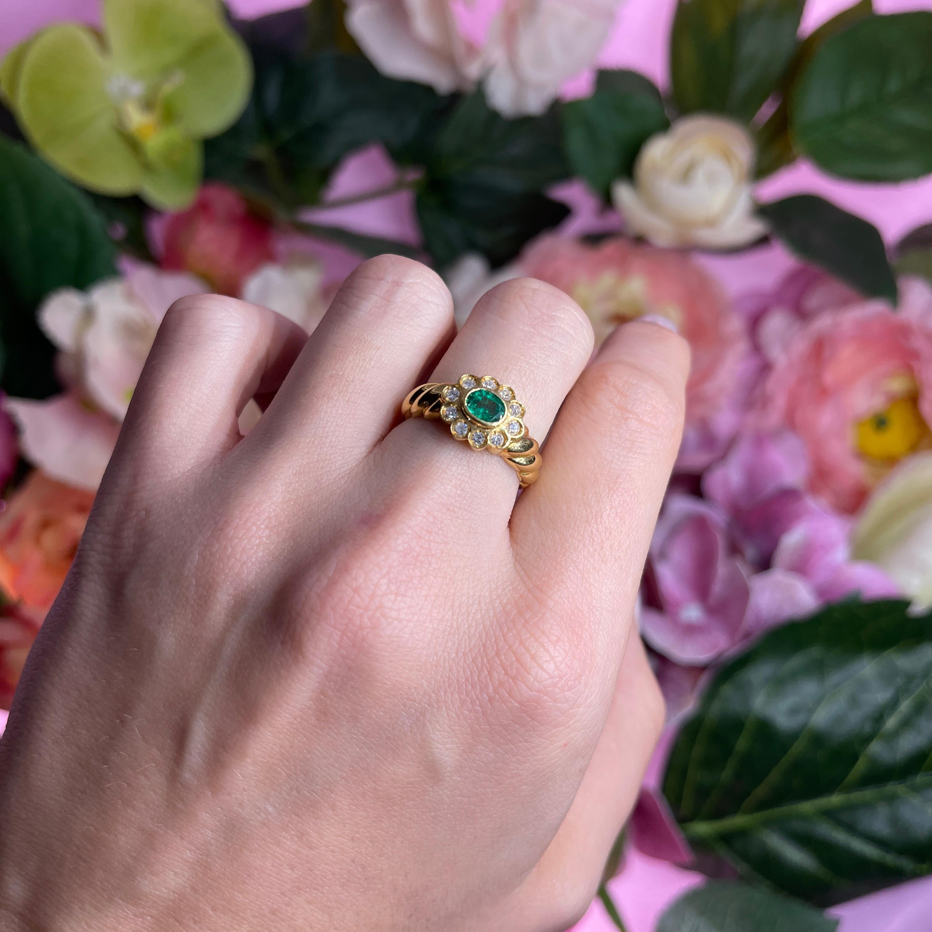 18k Yellow Gold Floral Ring with Oval Emerald and Diamond Halo For Sale 3