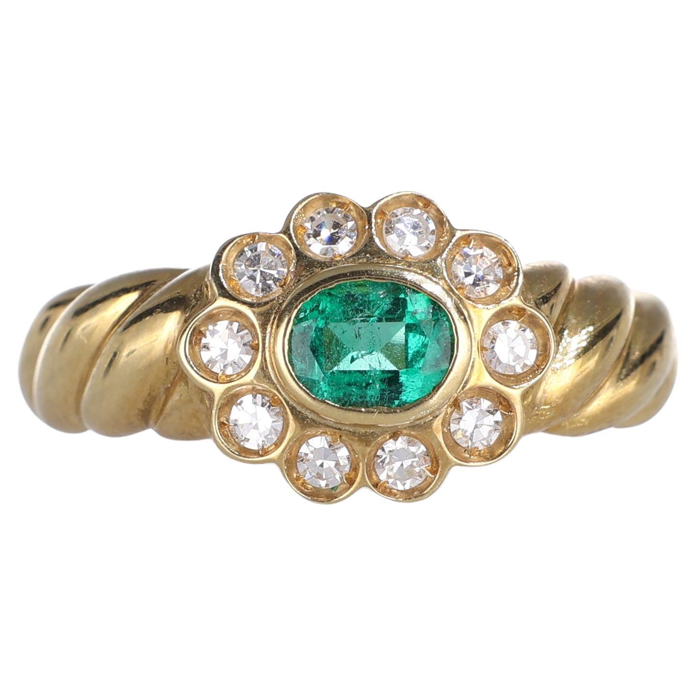 18k Yellow Gold Floral Ring with Oval Emerald and Diamond Halo