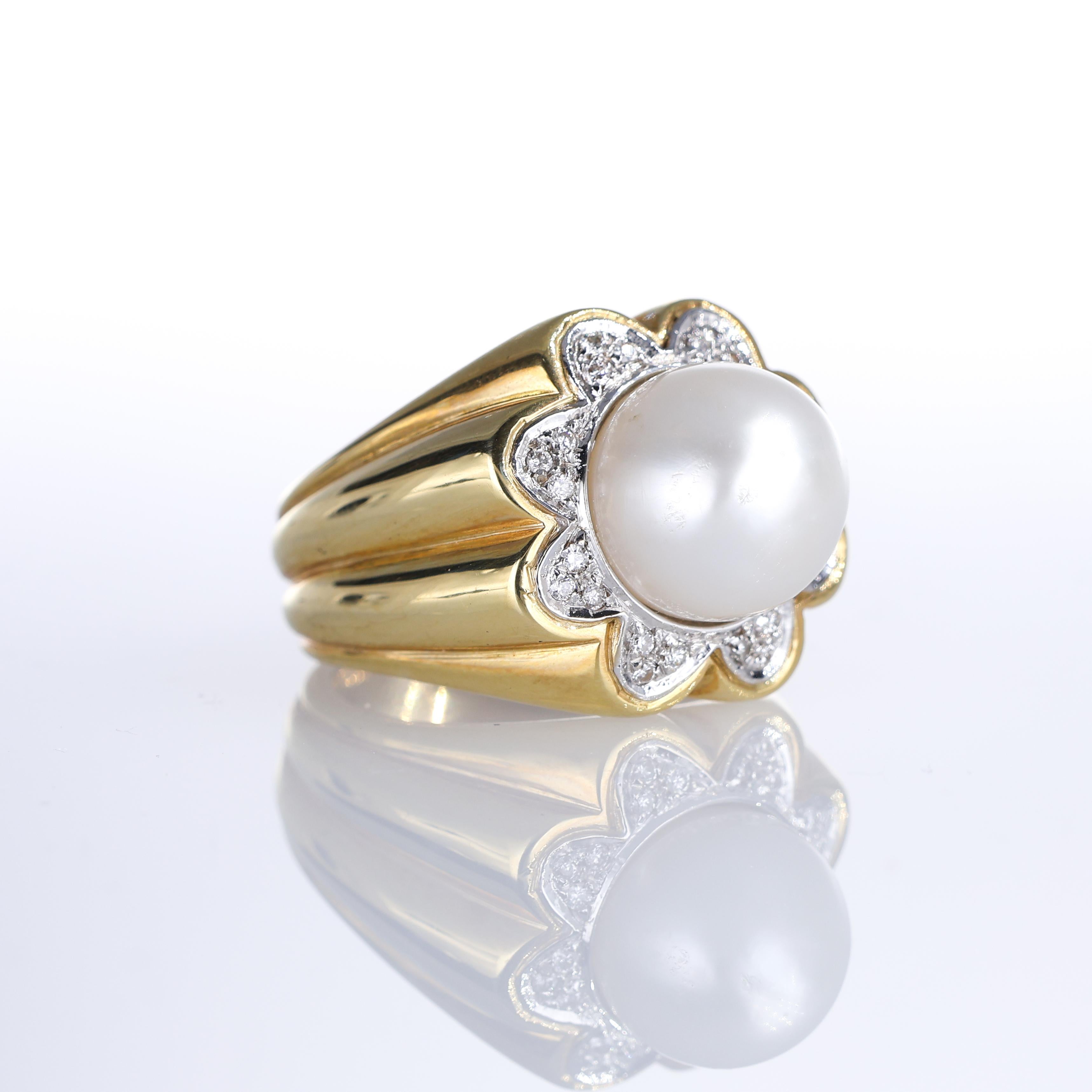 Brilliant Cut 18K Yellow Gold Floral Ring with Pearl and Diamond Accents For Sale