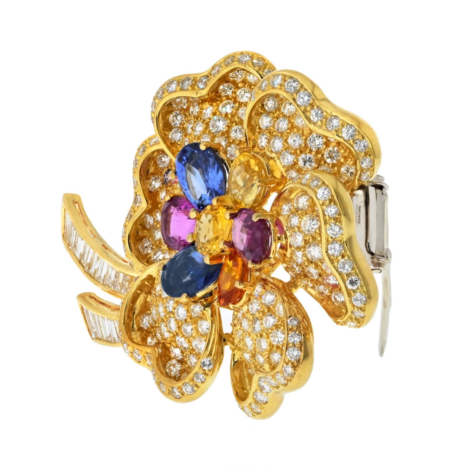 Modern 18K Yellow Gold Flower 13.00cttw Diamond And Multicolor Sapphire Brooch