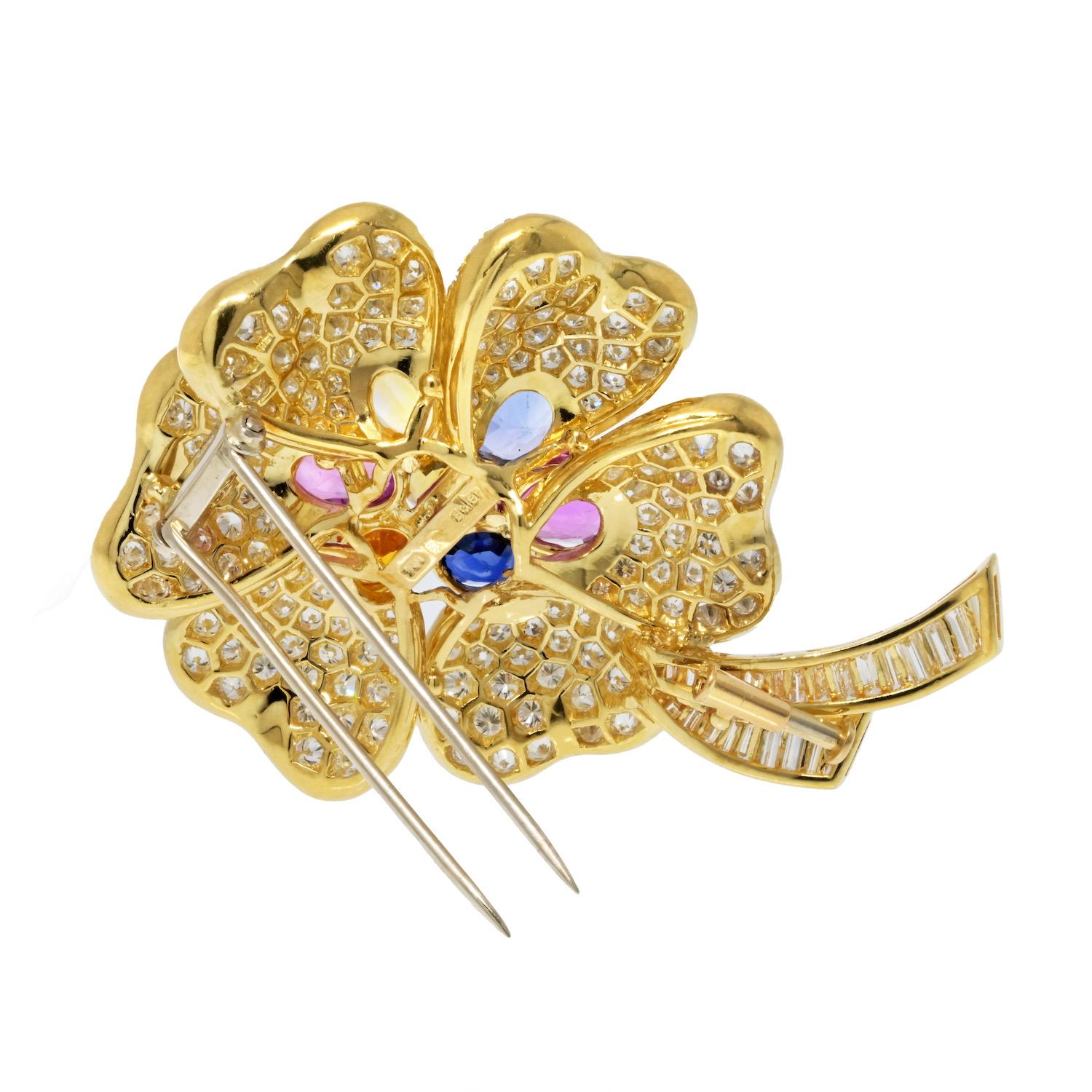 18K Yellow Gold Flower 13.00cttw Diamond And Multicolor Sapphire Brooch In Excellent Condition In New York, NY