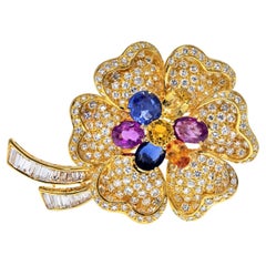 18K Yellow Gold Flower 13.00cttw Diamond And Multicolor Sapphire Brooch