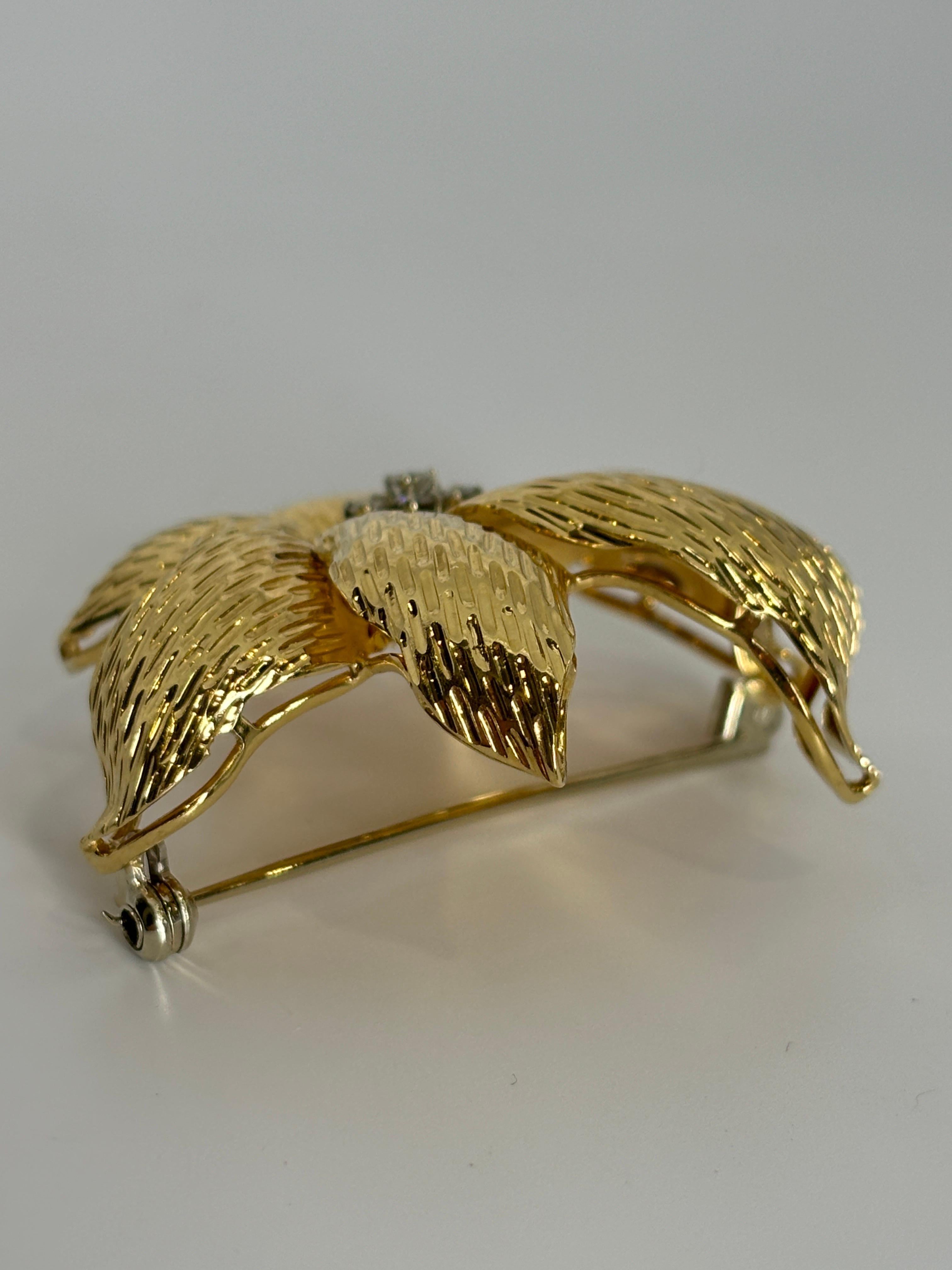 18k Yellow Gold Flower Brooch With Diamond Center For Sale 3