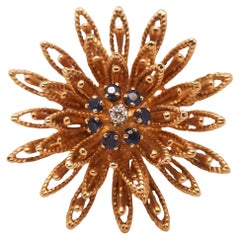 Vintage 18K Yellow Gold Flower Brooch with Sapphires and Diamond