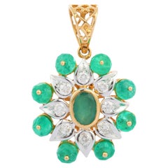 18K Yellow Gold Flower Carved Emerald Diamond Pendant Necklace
