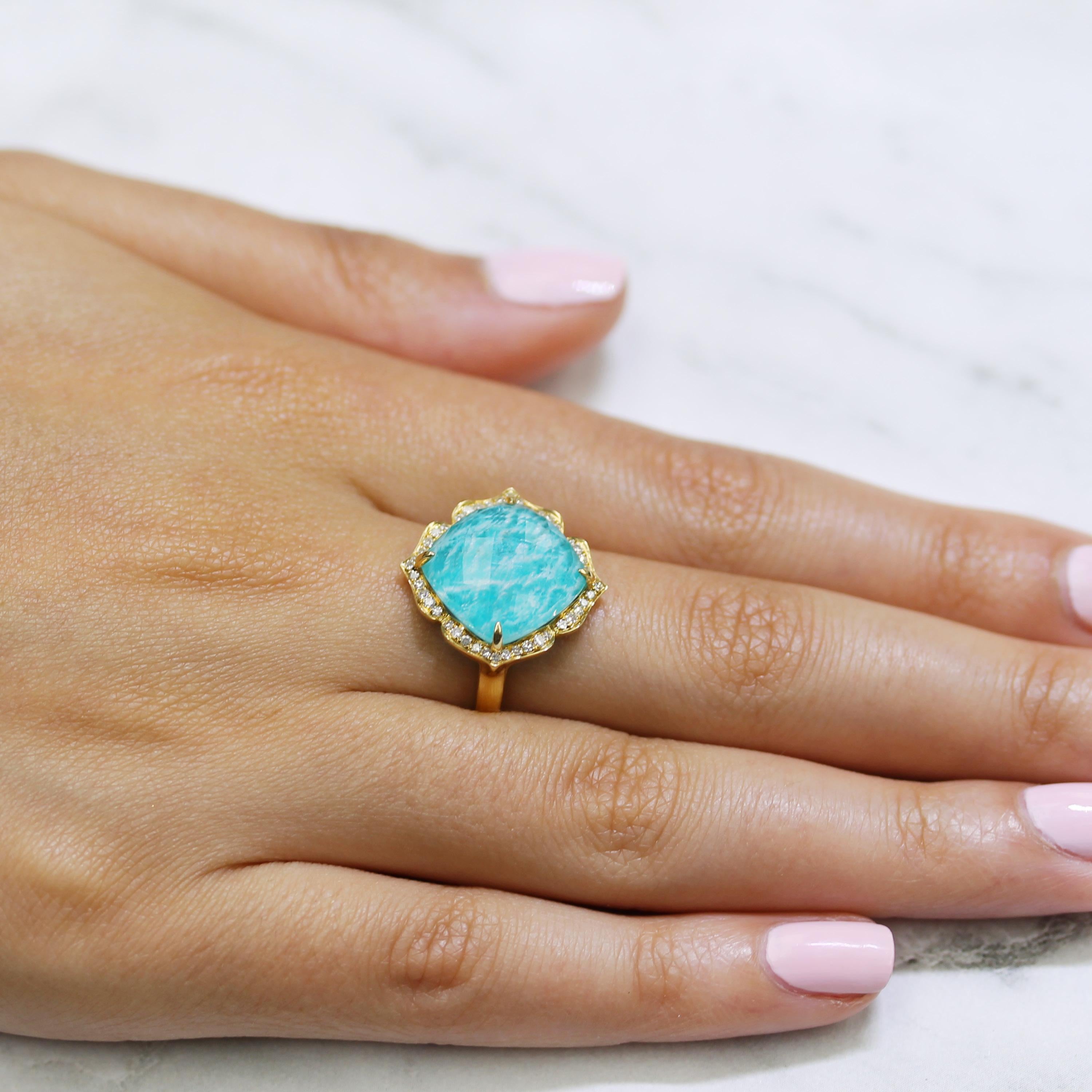 18K Yellow Gold Ring featuring a doublet of Cushion-Cut White Quartz layered with Amazonite, and Diamond Halo. Flower shape setting is a perfect look for spring and summer. Finger size 6.5, adjustable upon request/quote. Amazonite, known as 
