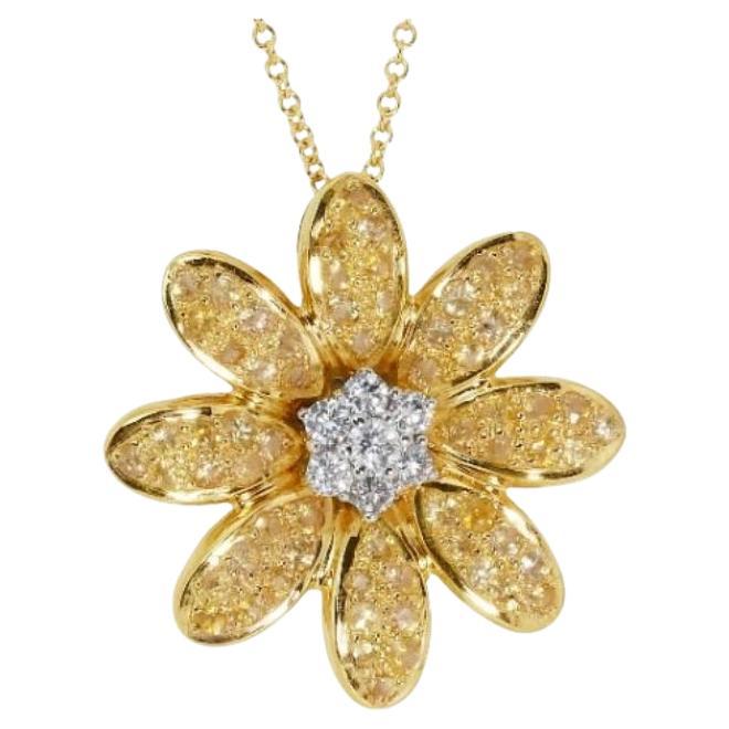 18K Yellow Gold Flower Design Pendant with 0.31 Ct Natural Diamonds and Sapphire For Sale
