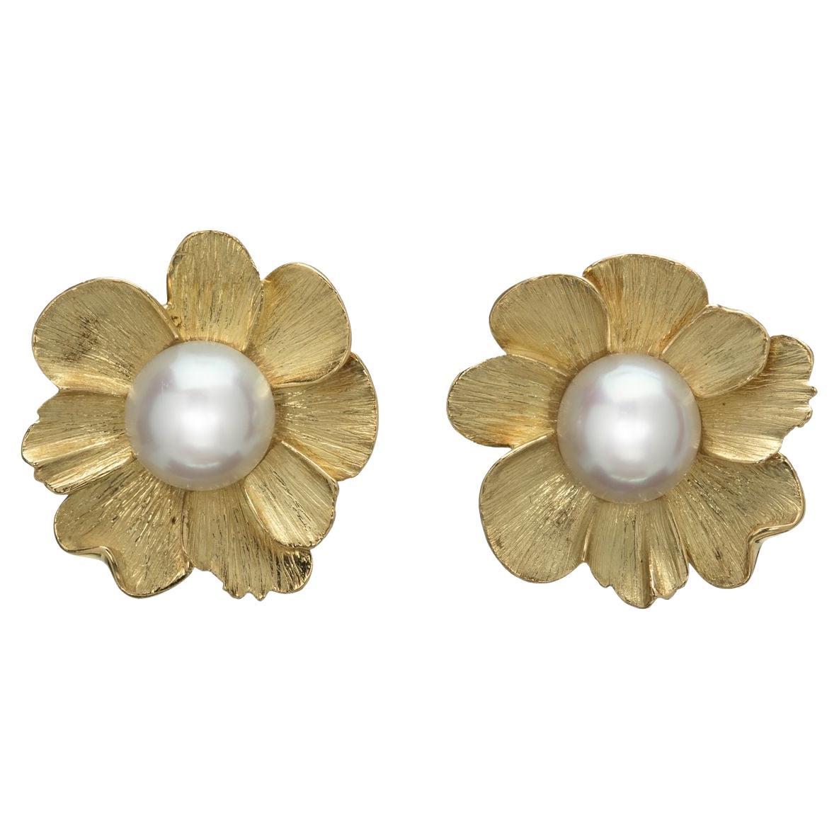 18k Yellow Gold Flower Earrings with White South Sea Pearls, by Gloria Bass For Sale