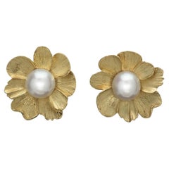 18k Yellow Gold Flower Earrings with White South Sea Pearls, by Gloria Bass