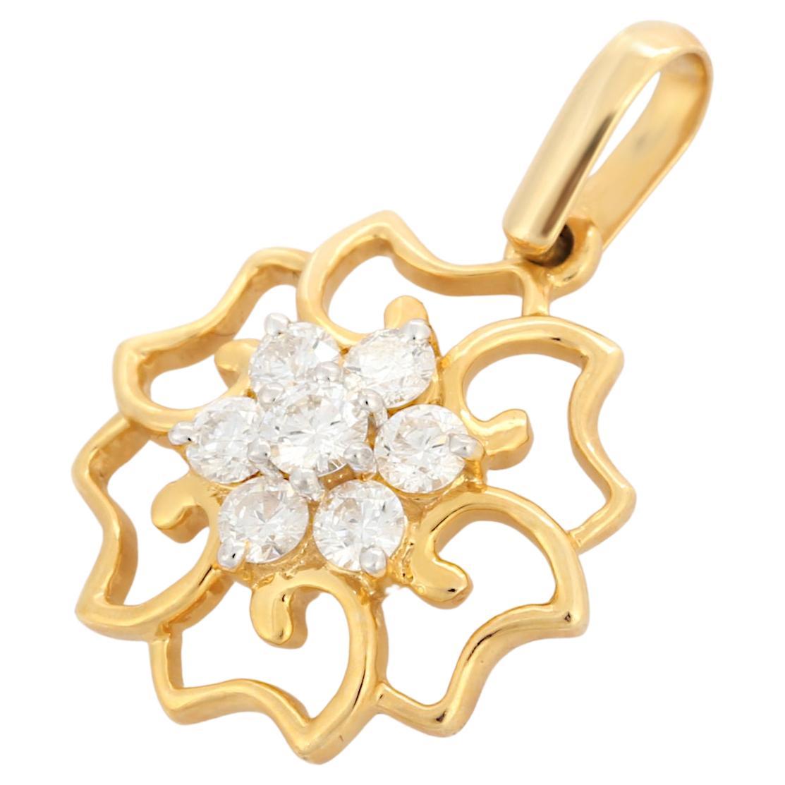 18K Yellow Gold Filigree Flower Pendant with Diamonds For Sale