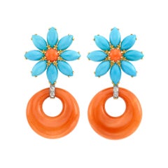 18k Yellow Gold Flower Hoop Dangle Earrings with Turquoise, Coral and Diamond